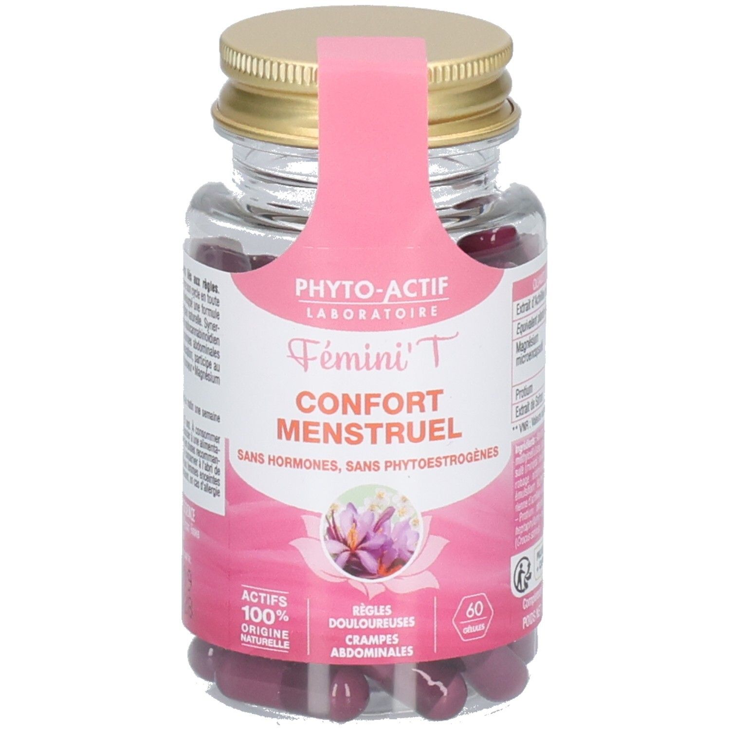Flacon transparent avec gélules rouges. Étiquette rose avec nom du produit et logo. Bouchon doré.