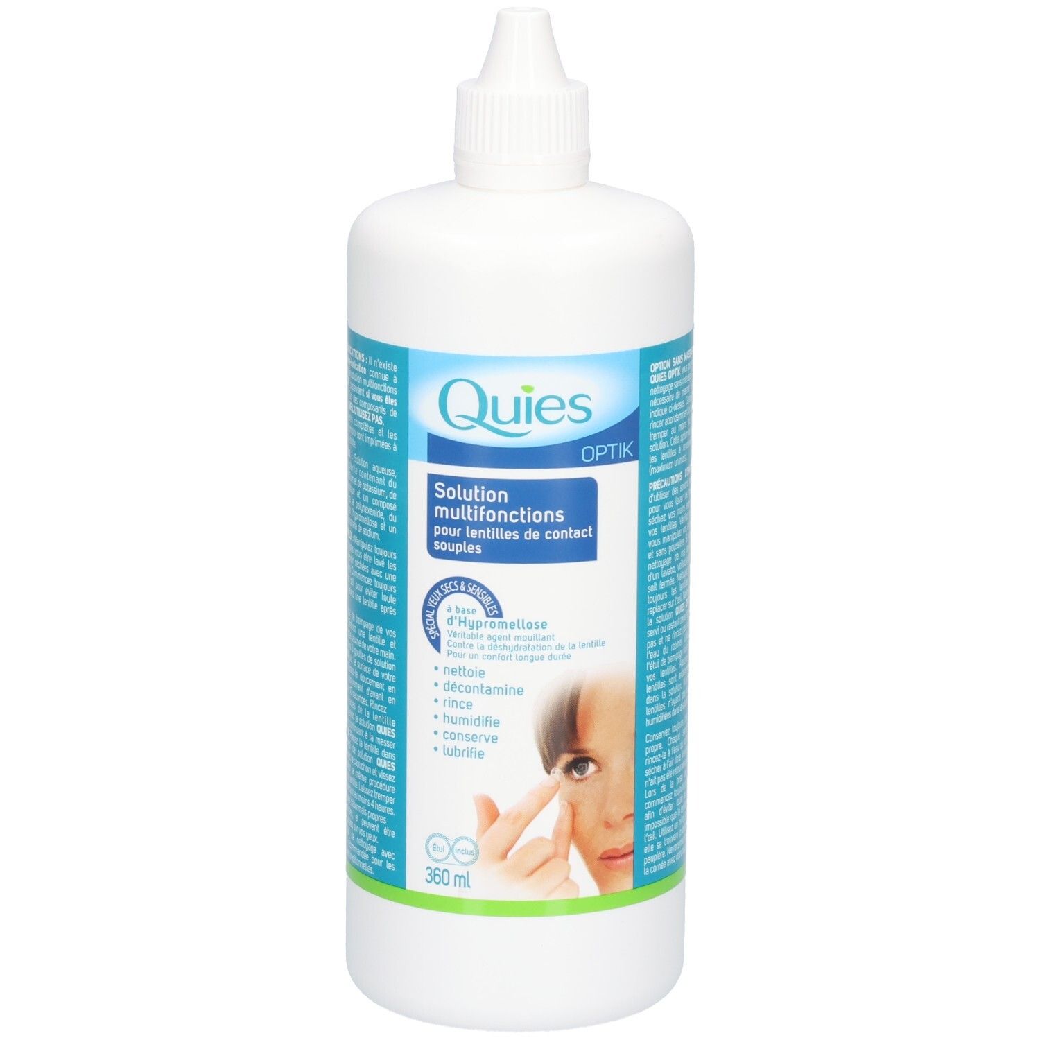 Solution multifonctions QUIES OPTIK pour lentilles de contact souples, flacon de 360 ml.