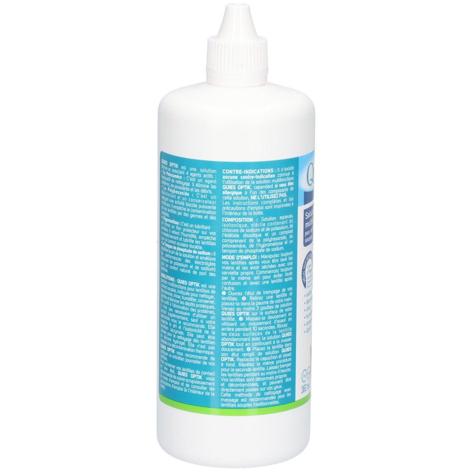 Dos du flacon de solution multifonctions QUIES OPTIK pour lentilles de contact souples, 360 ml.