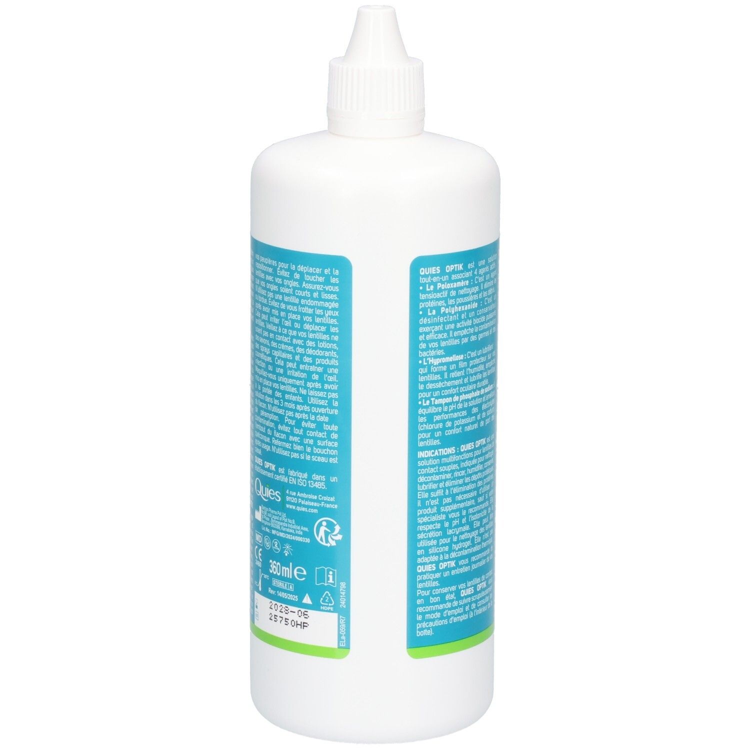 Dos du flacon de solution multifonctions QUIES OPTIK pour lentilles de contact souples, 360 ml.