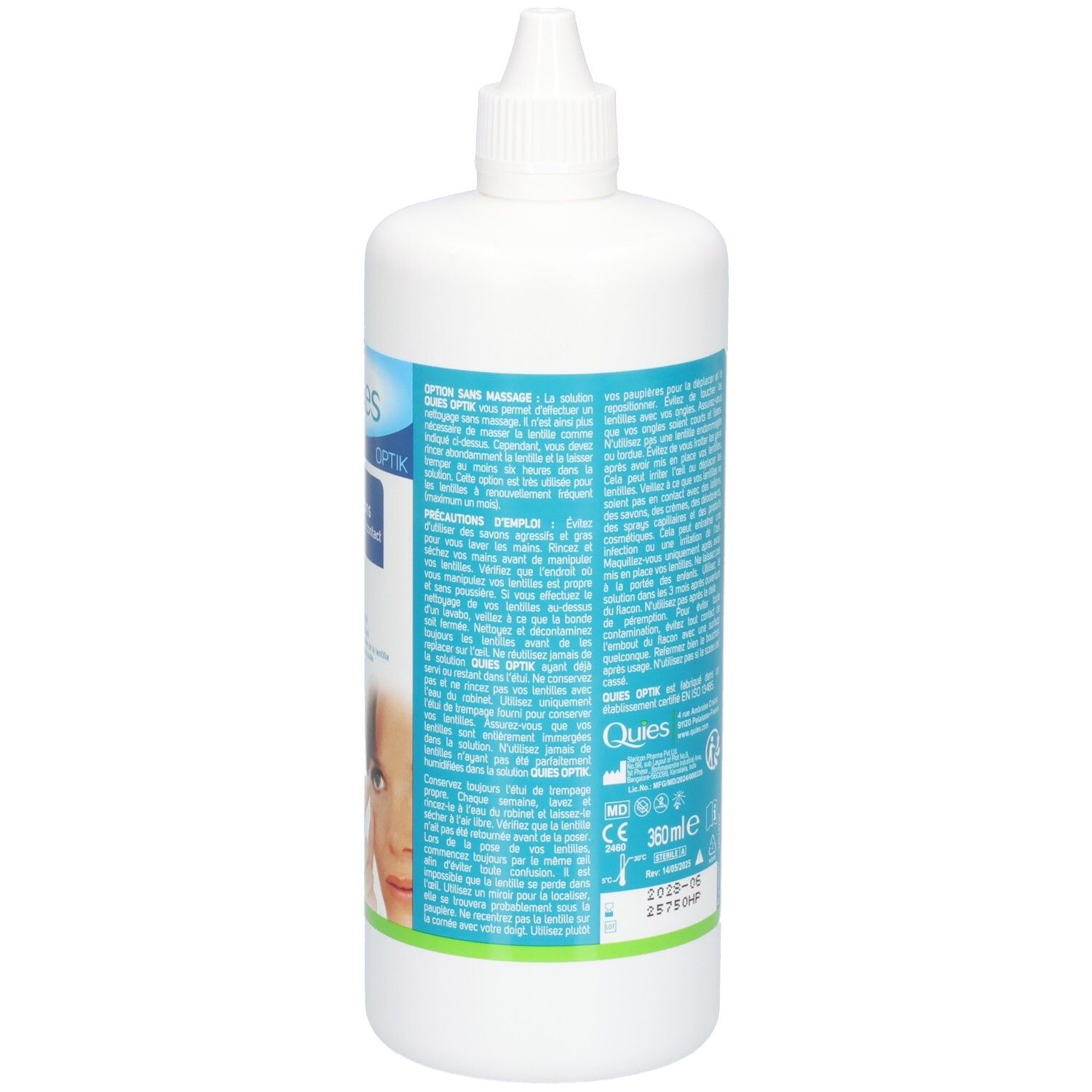 Dos du flacon de solution multifonctions QUIES OPTIK pour lentilles de contact souples, 360 ml.
