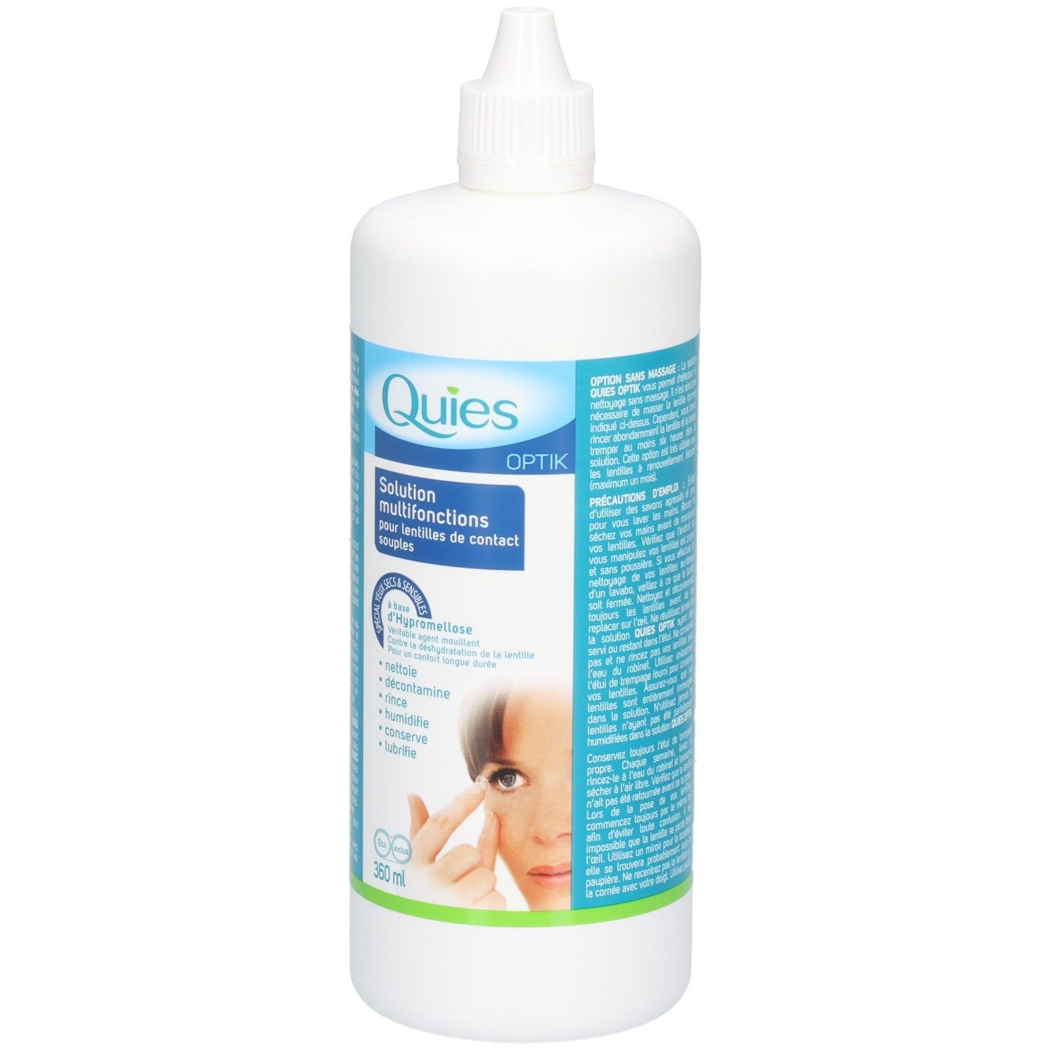 Solution multifonctions QUIES OPTIK pour lentilles de contact souples, flacon de 360 ml.