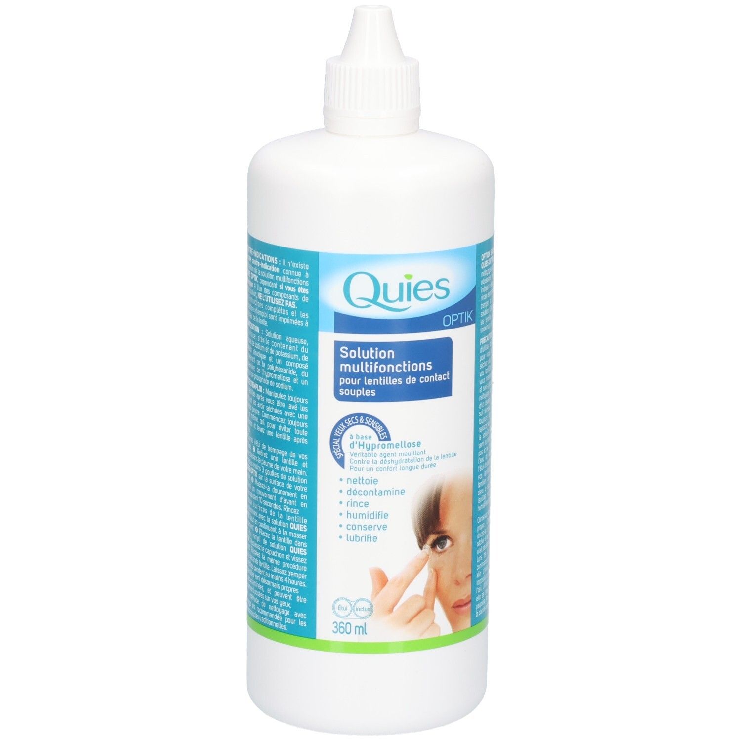 Solution multifonctions QUIES OPTIK pour lentilles de contact souples, flacon de 360 ml.