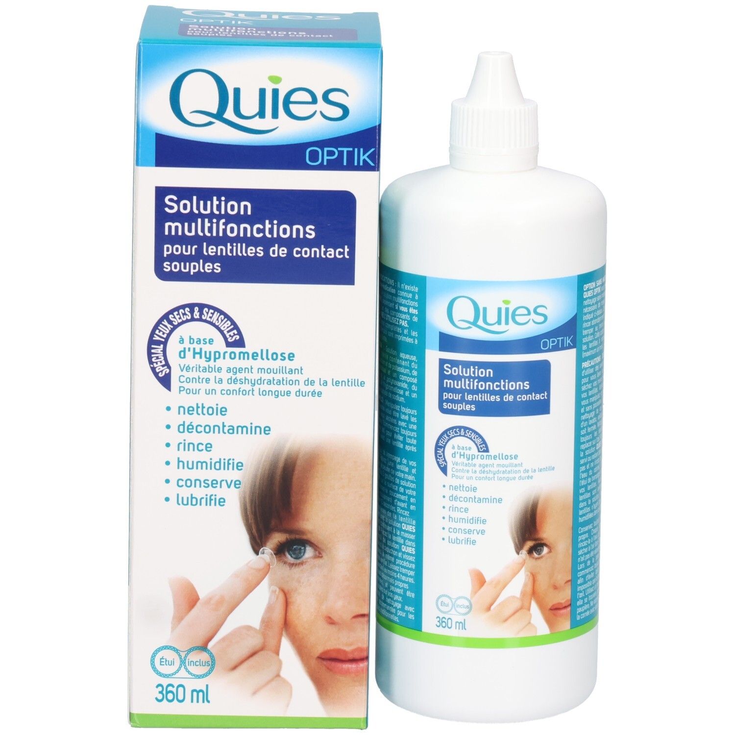 Solution multifonctions QUIES OPTIK pour lentilles de contact souples, flacon et boîte de 360 ml.