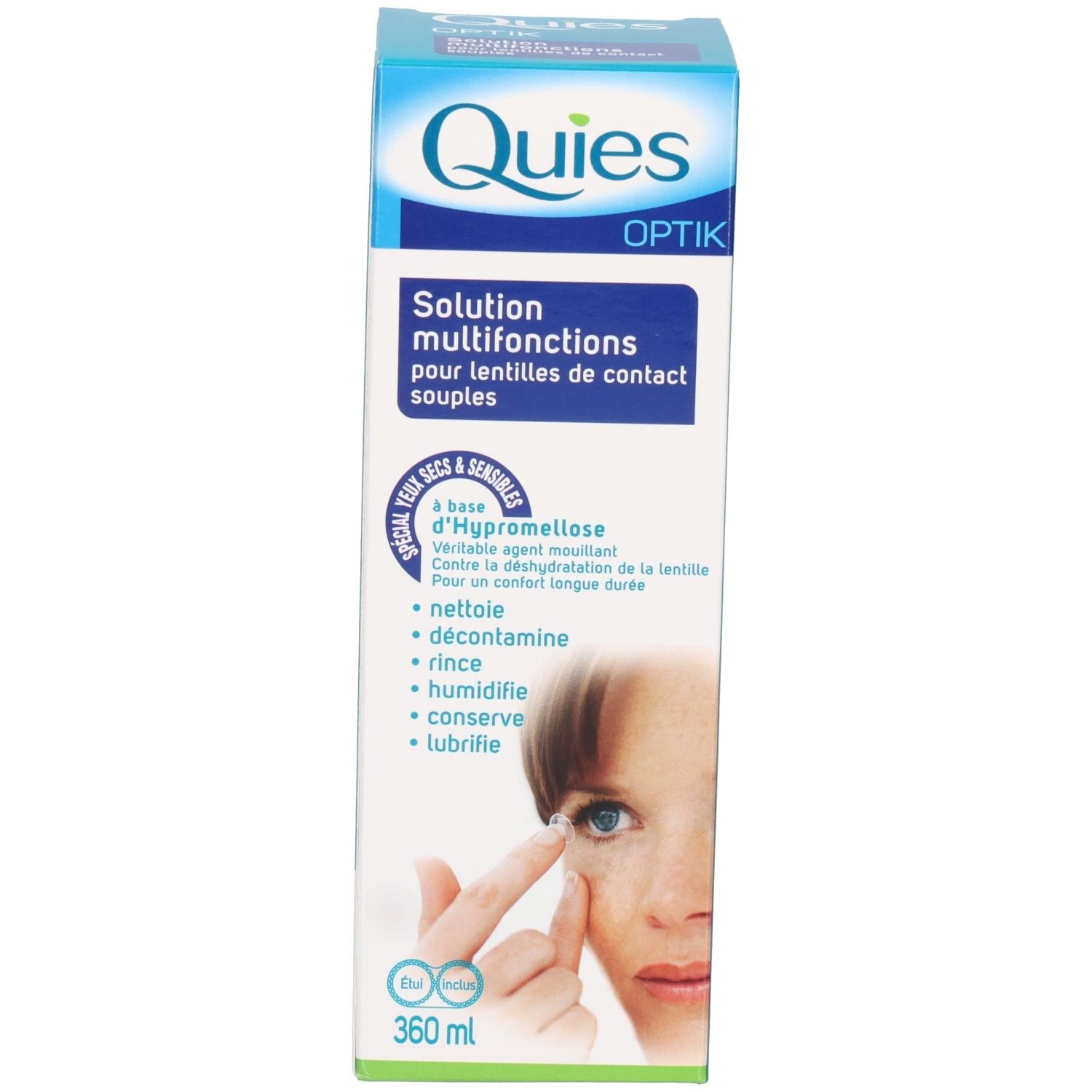 Boîte de solution multifonctions QUIES OPTIK pour lentilles de contact souples, 360 ml.