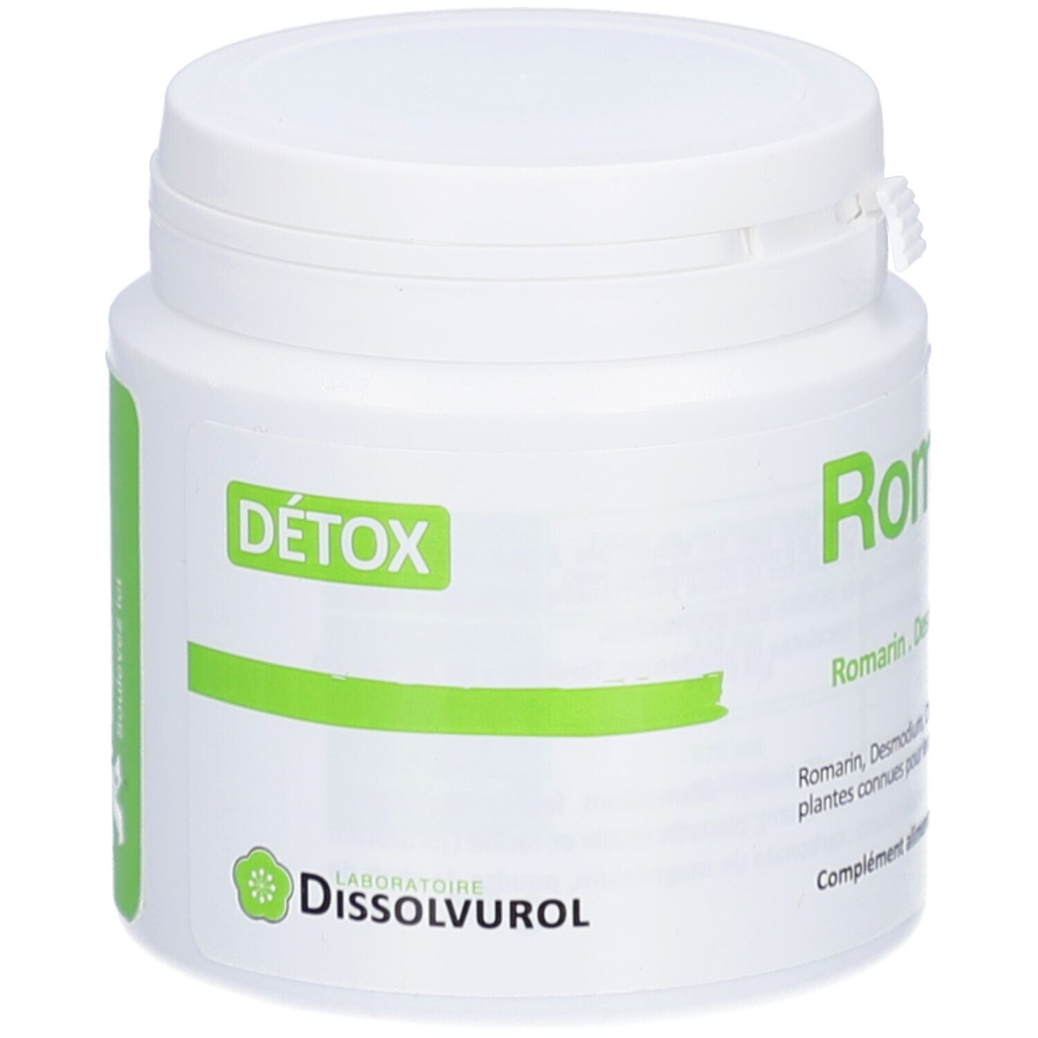 Pot blanc avec étiquette verte. Inscription: DÉTOX. Logo: Laboratoire Dissolvurol. Contient 84 gélules. Ingrédients: Romarin, Desmodium, Chardon-Marie, Pissenlit, Chrome.