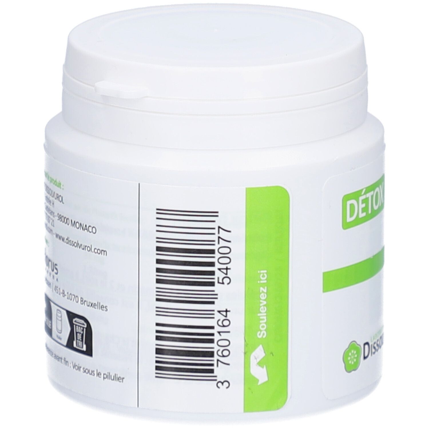 Pot blanc avec code-barres et étiquette verte. Inscription: Soulevez ici. Logo: Laboratoire Dissolvurol. Adresse et coordonnées.
