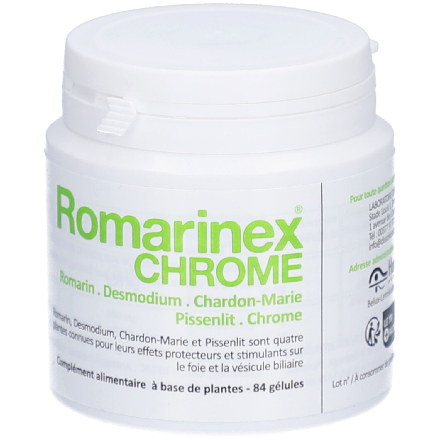 Pot blanc avec étiquette verte. Inscription: Romarinex CHROME. Contient 84 gélules. Ingrédients: Romarin, Desmodium, Chardon-Marie, Pissenlit, Chrome. Adresse.