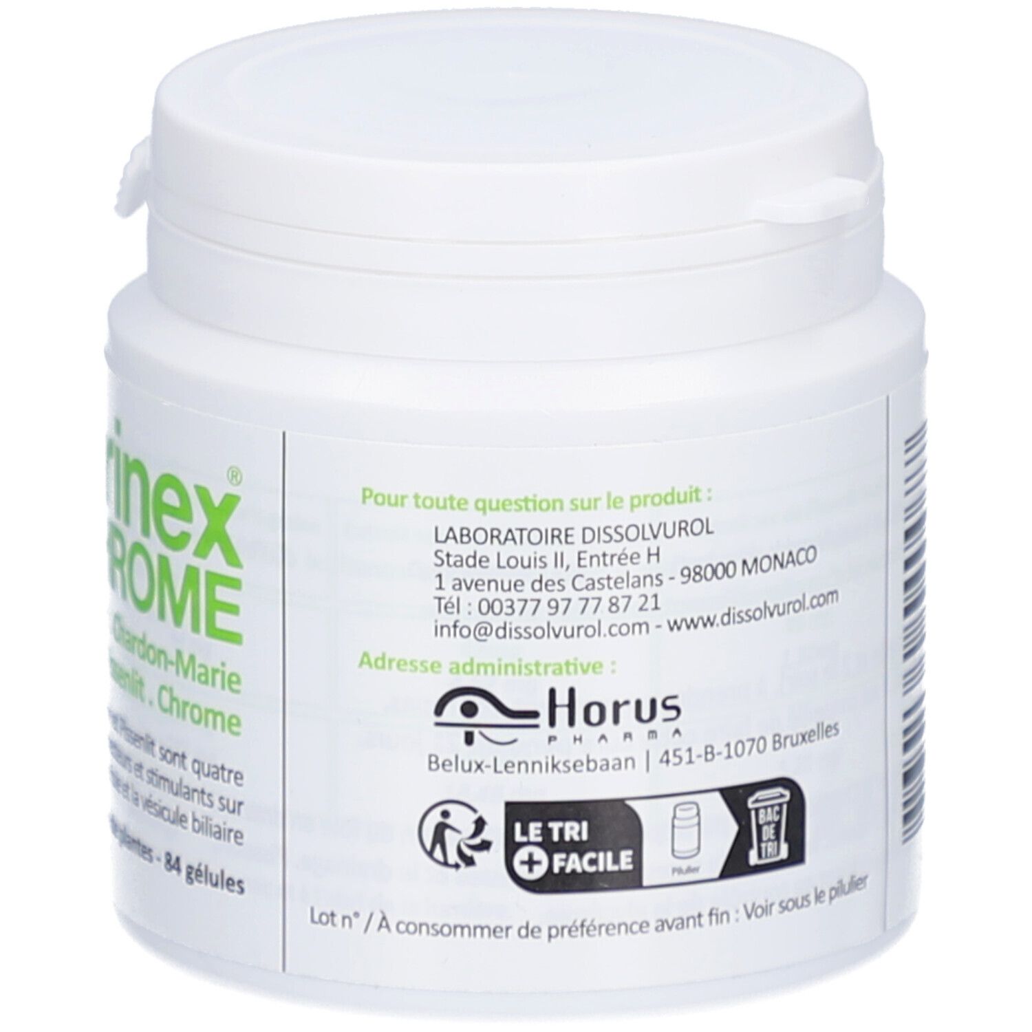 Pot blanc avec étiquette verte. Inscription: Romarinex CHROME. Adresse et coordonnées. Logo: Horus Pharma. Symbole de recyclage.