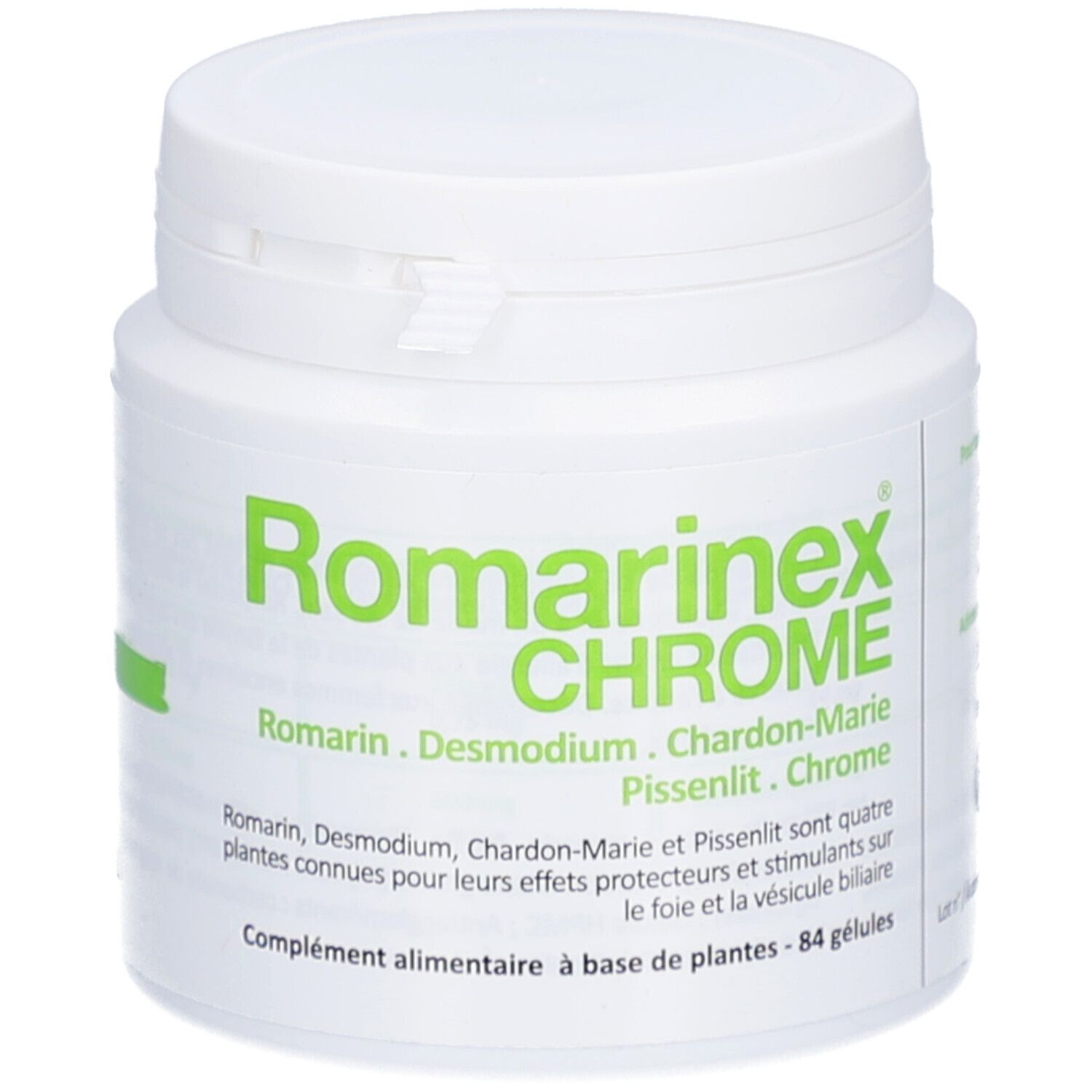 Pot blanc avec étiquette verte. Inscription: Romarinex CHROME. Contient 84 gélules. Ingrédients: Romarin, Desmodium, Chardon-Marie, Pissenlit, Chrome.