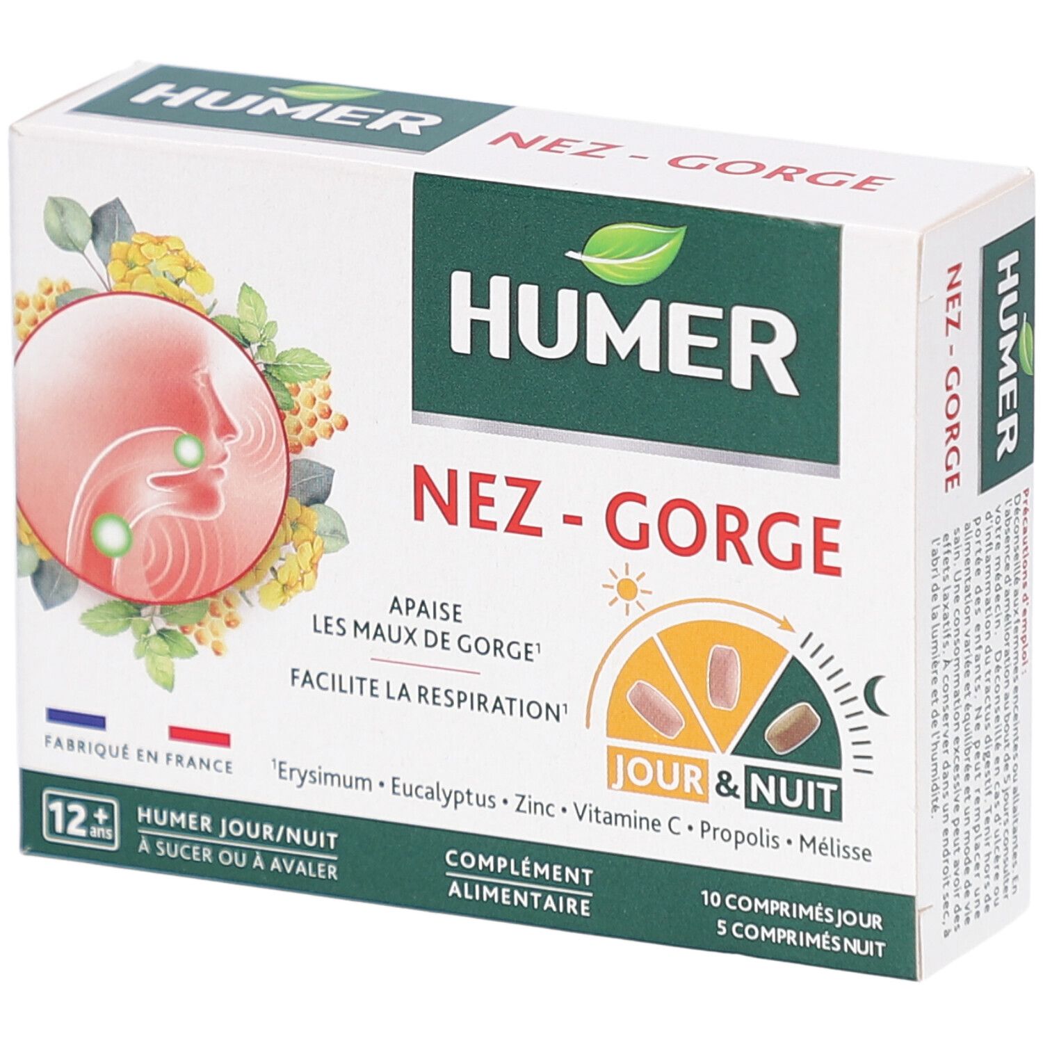 Boîte HUMER Nez-Gorge. Inscription : Jour & Nuit, 10 comprimés jour, 5 nuit. Illustration : nez et gorge. Vert, blanc, rouge.