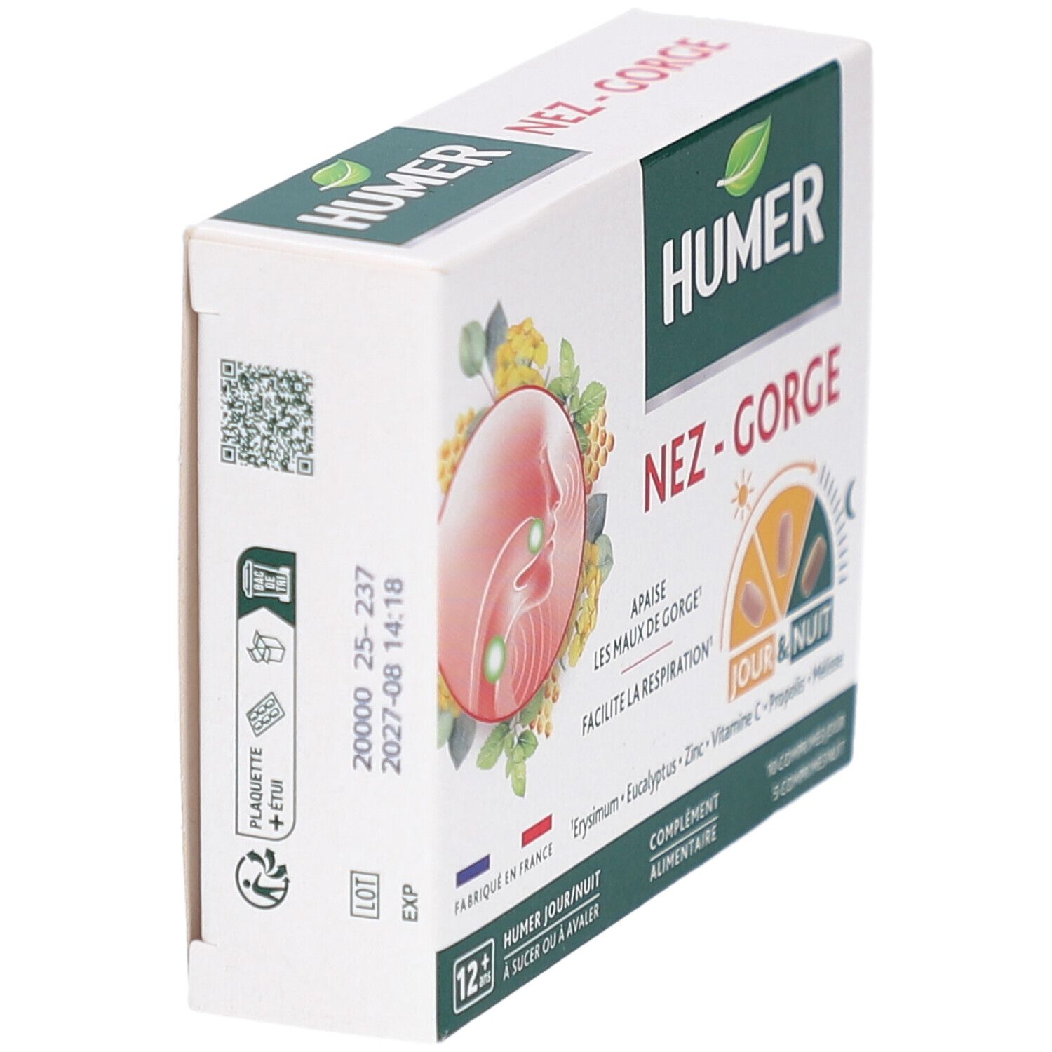Boîte HUMER Nez-Gorge. Inscription : Jour & Nuit. Illustration : nez et gorge. Code QR et date de péremption. Blanc, vert.
