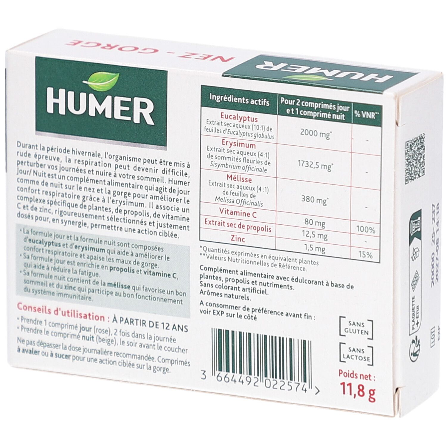 Dos de la boîte HUMER Nez-Gorge. Ingrédients, dosage, conseils. Texte en français. Fond blanc.