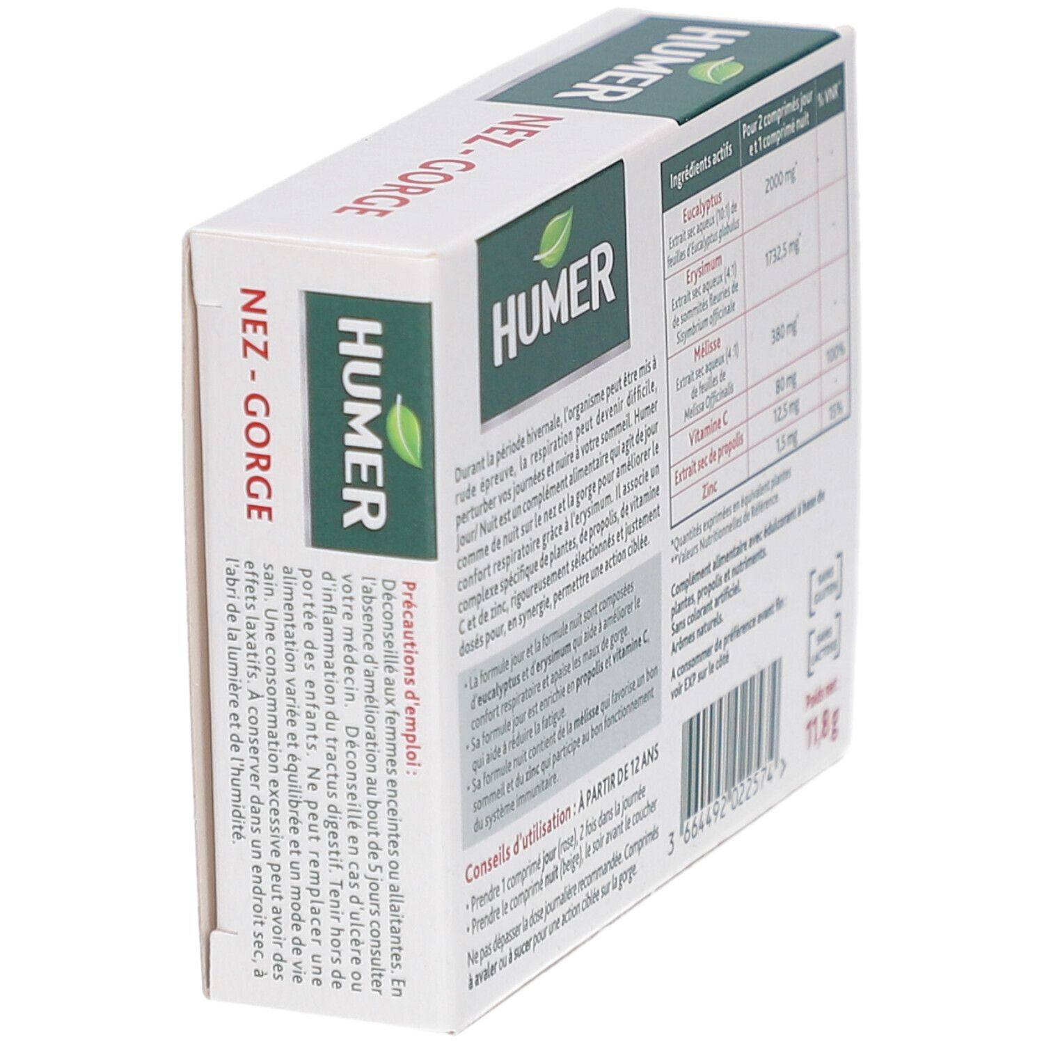 Côté de la boîte HUMER Nez-Gorge. Texte en français. Mises en garde et conseils d'utilisation. Fond blanc.