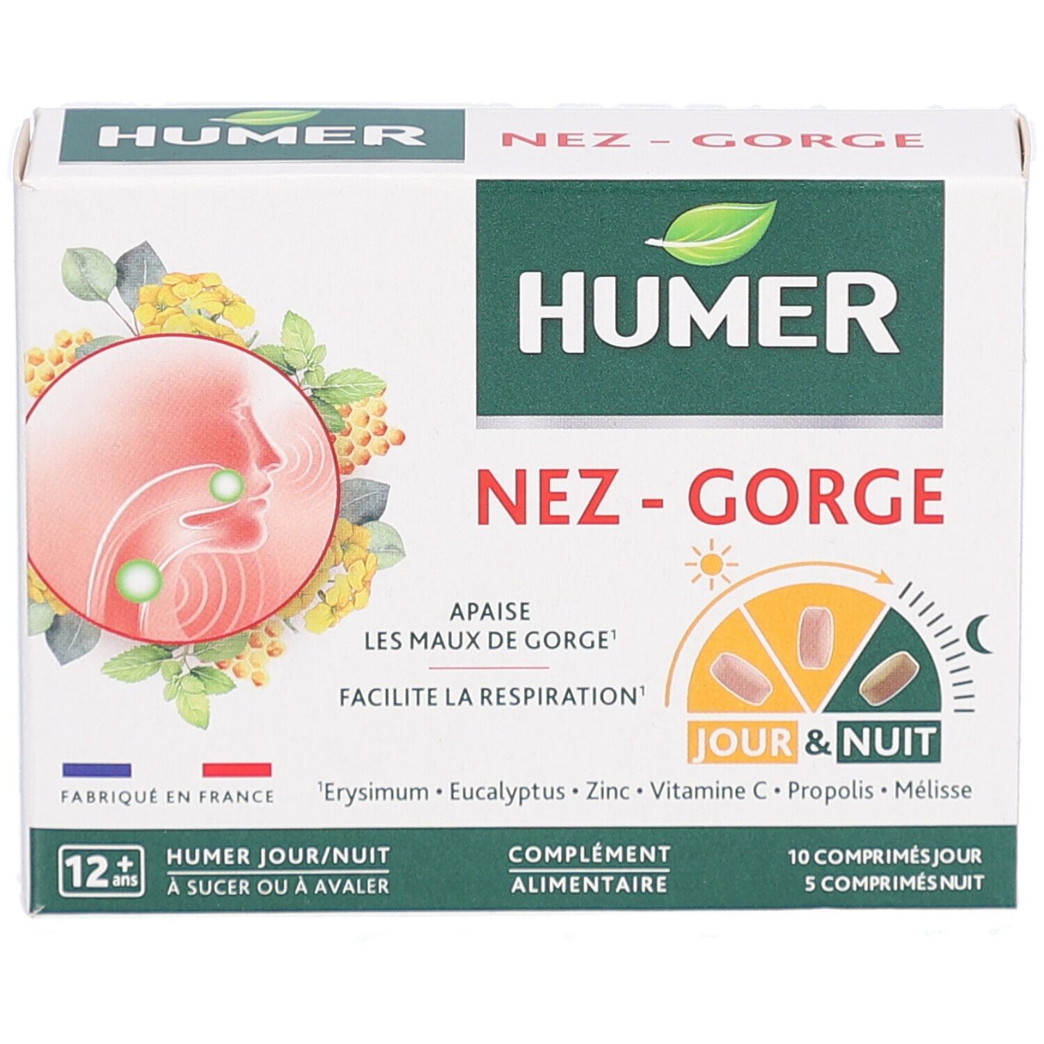 Boîte HUMER Nez-Gorge. Inscription : Jour & Nuit, 10 comprimés jour, 5 nuit. Illustration : nez et gorge. Vert, blanc, rouge.
