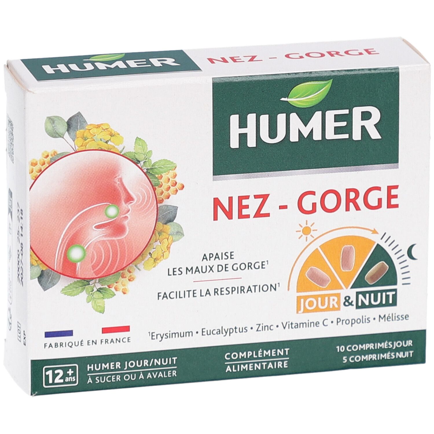 Boîte HUMER Nez-Gorge. Inscription : Jour & Nuit, 10 comprimés jour, 5 nuit. Illustration : nez et gorge. Vert, blanc, rouge.