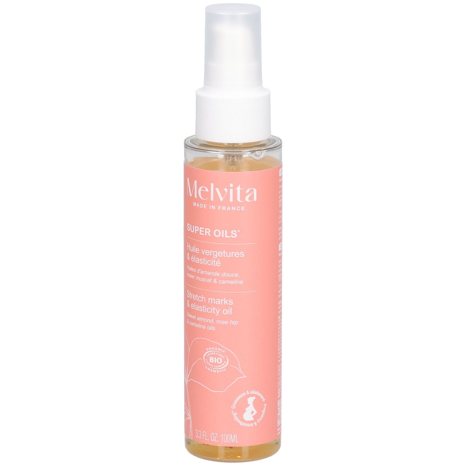 Flacon transparent avec étiquette rose. Inscriptions : Melvita, Super Oils, Huile vergetures & elasticité, Stretch marks & elasticity oil. Certification bio.