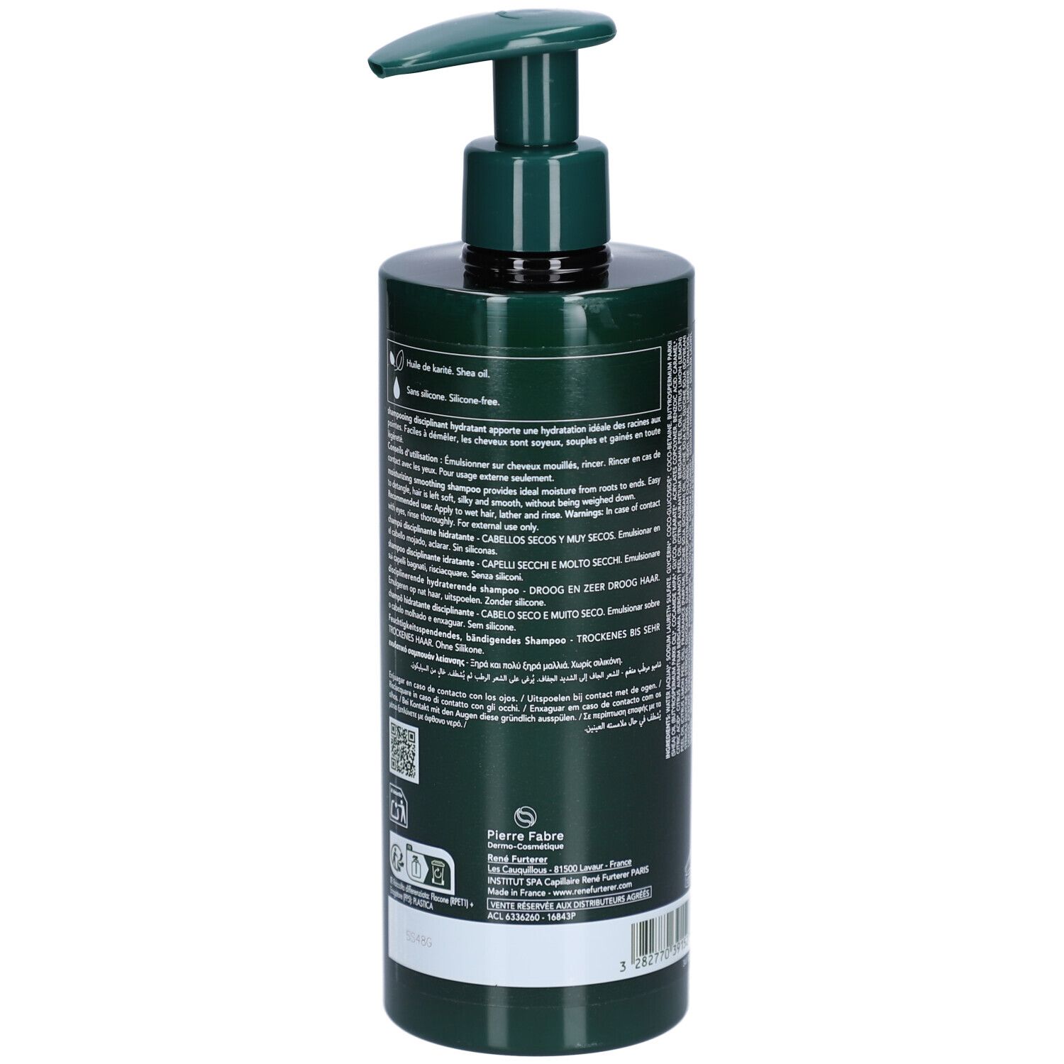 Flacon vert avec pompe. Dos avec texte. Marque FURTERER PARIS. Contient des informations sur le produit.