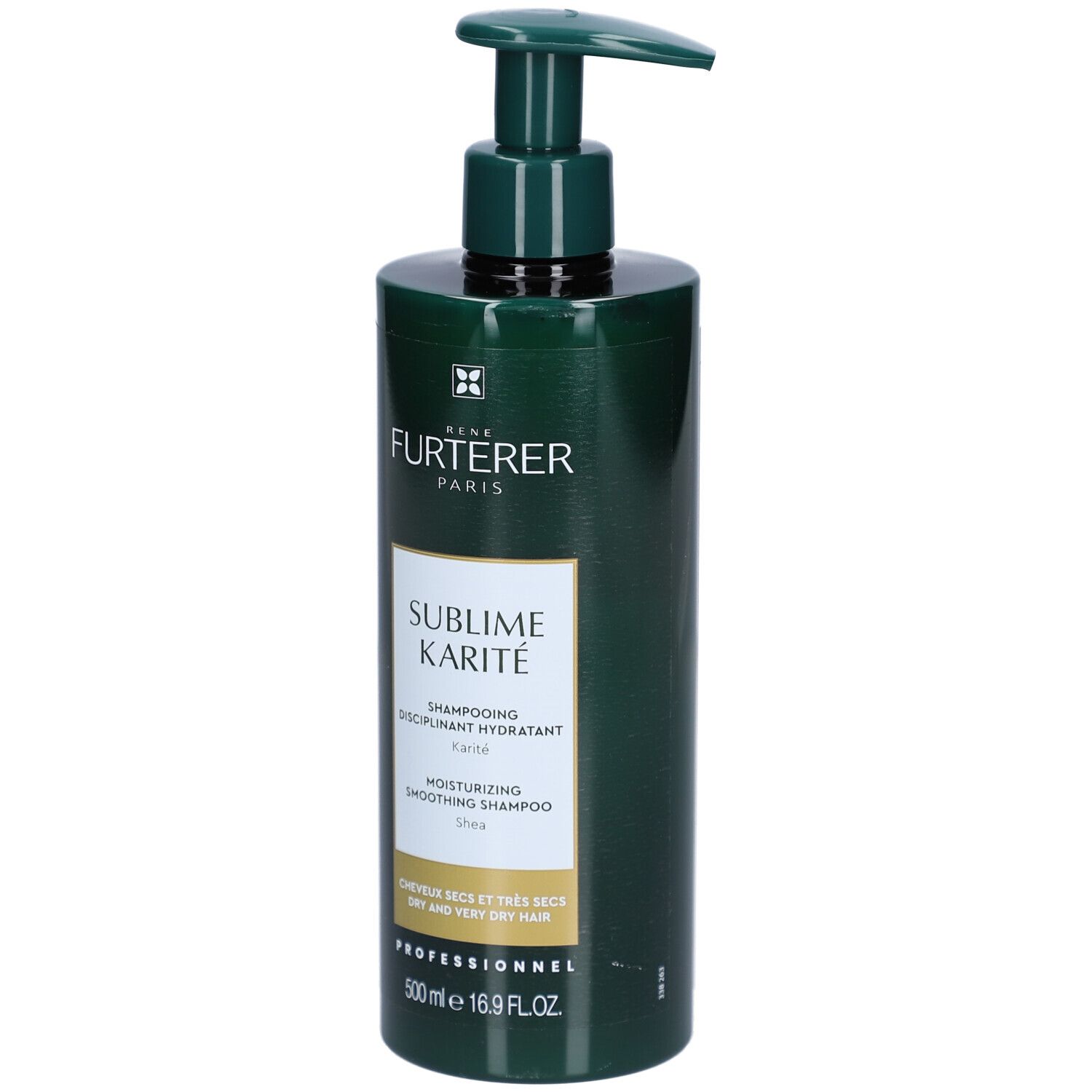 Flacon vert avec pompe. Inscription: FURTERER PARIS, SUBLIME KARITÉ, Shampooing disciplinant hydratant, 500ml.