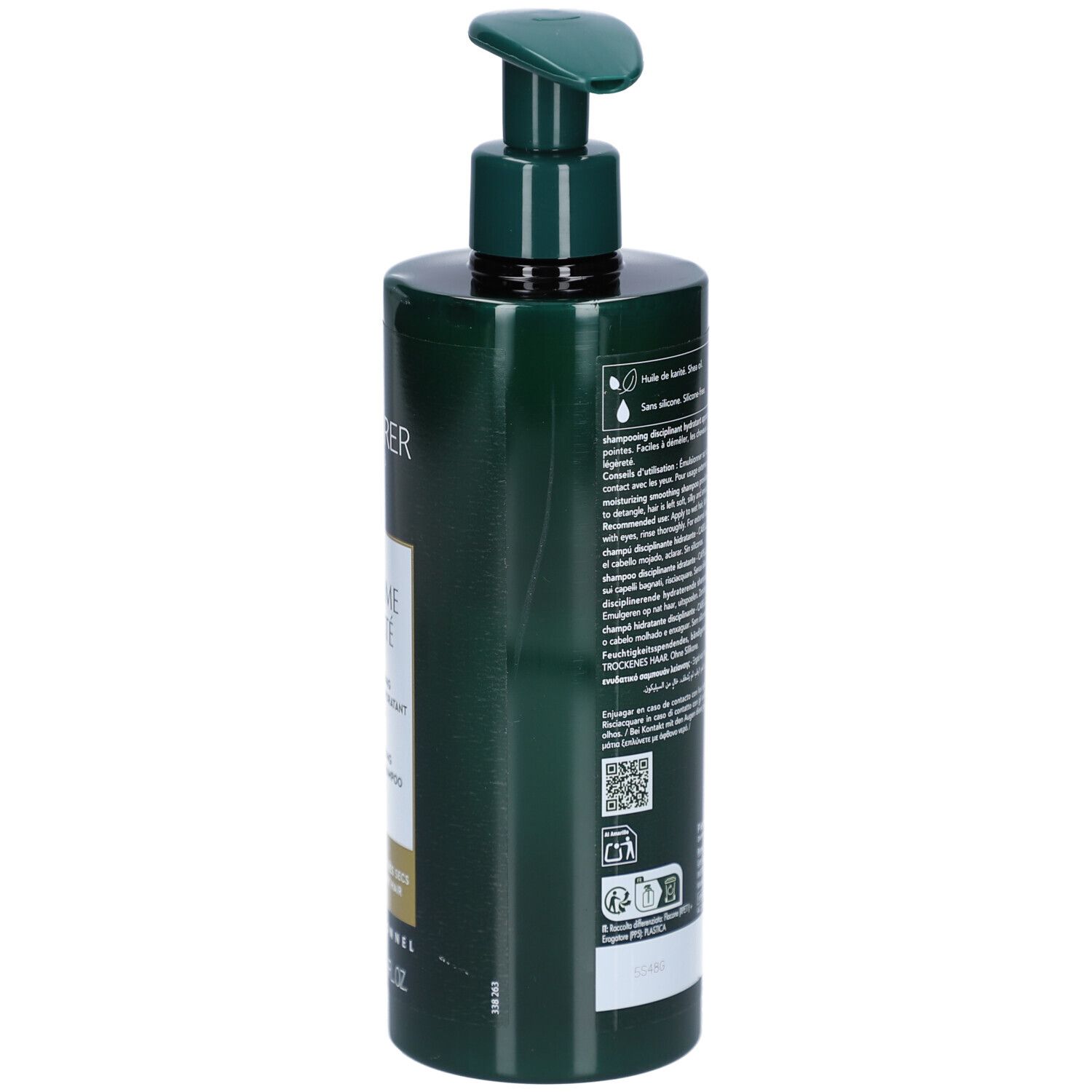 Flacon vert avec pompe. Dos avec texte. Marque FURTERER PARIS. Contient des informations sur le produit.