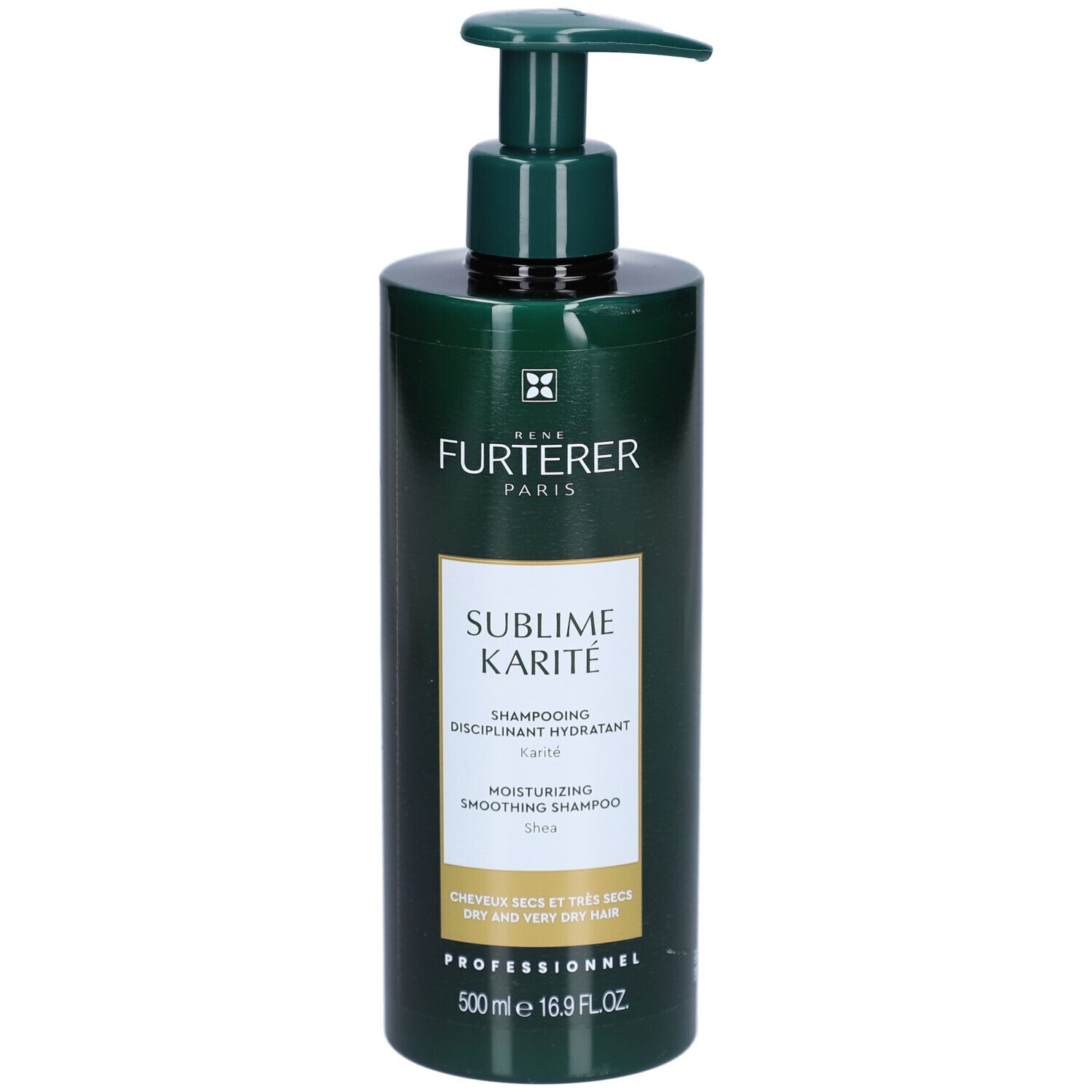 Flacon vert avec pompe. Inscription: FURTERER PARIS, SUBLIME KARITÉ, Shampooing disciplinant hydratant, 500ml.