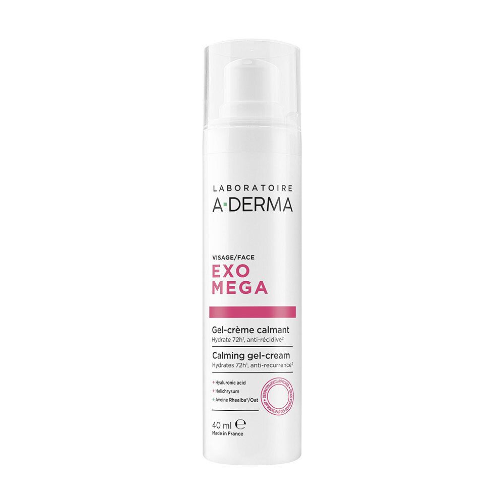 Gel-crème apaisant A-Derma Exomega dans un flacon pompe blanc.