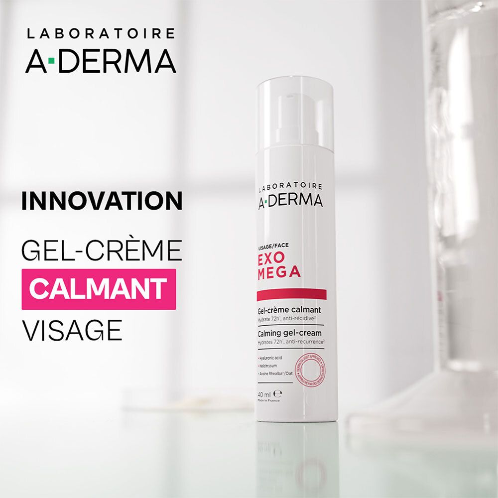 Gel-crème apaisant A-Derma Exomega, flacon pompe 40 ml, sur une table.