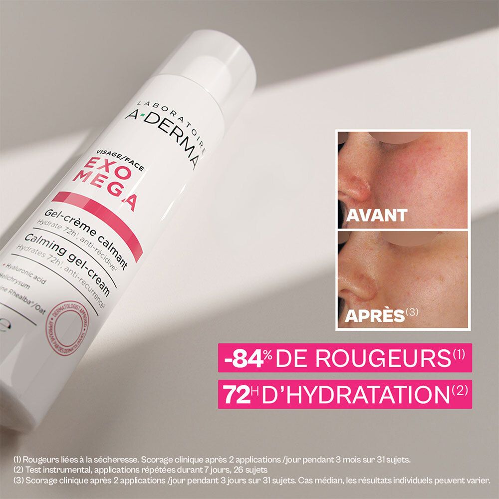 Gel-crème apaisant A-Derma Exomega : avant/après et hydratation 72h.