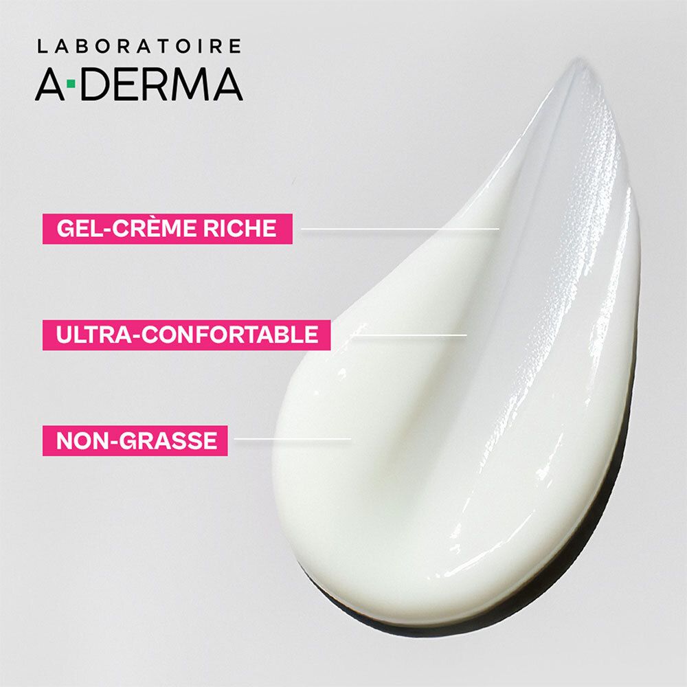 Texture riche, ultra-confortable et non grasse du gel-crème apaisant A-Derma Exomega.