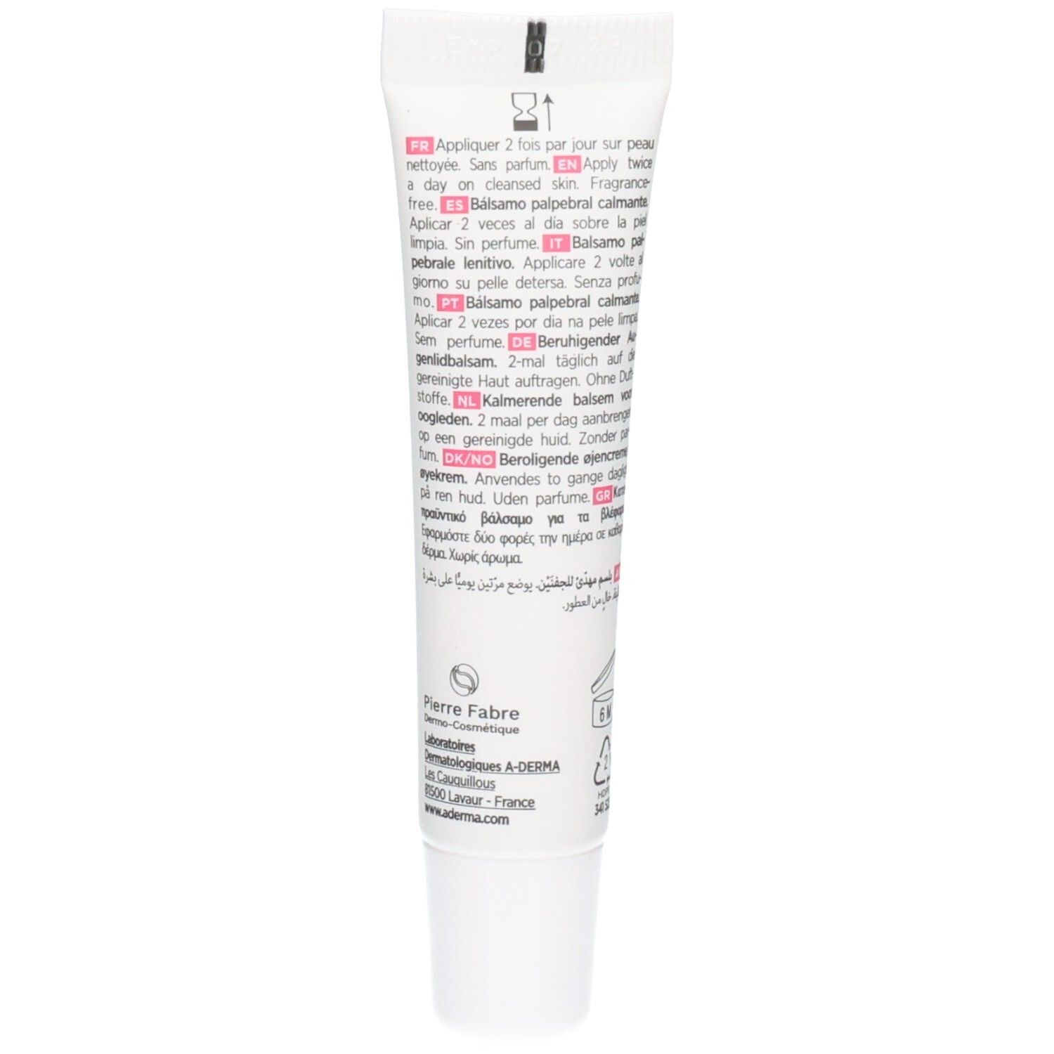 Dos de la tube A-Derma Exomega Control avec instructions d'utilisation multilingues.