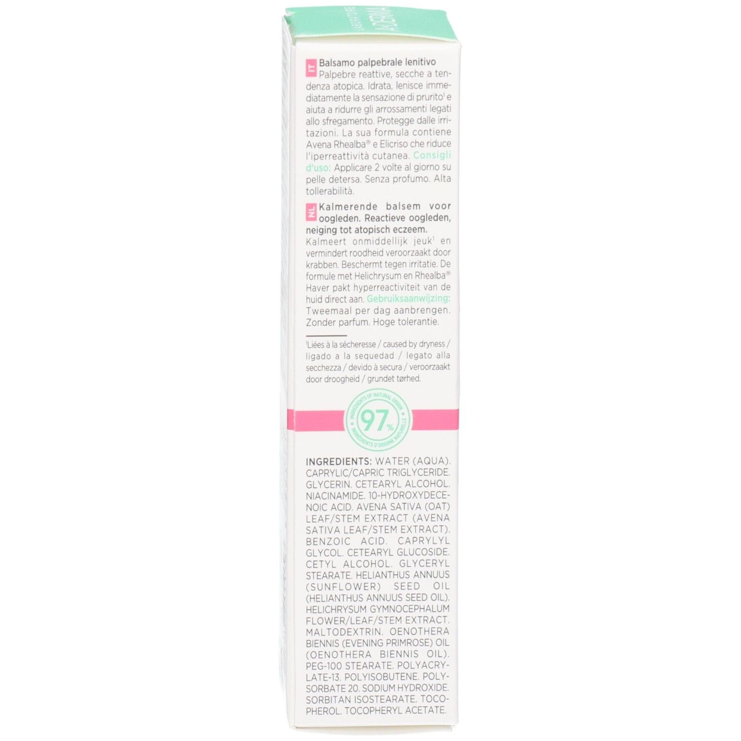 Dos de l'emballage A-Derma Exomega Control avec ingrédients et certifications.
