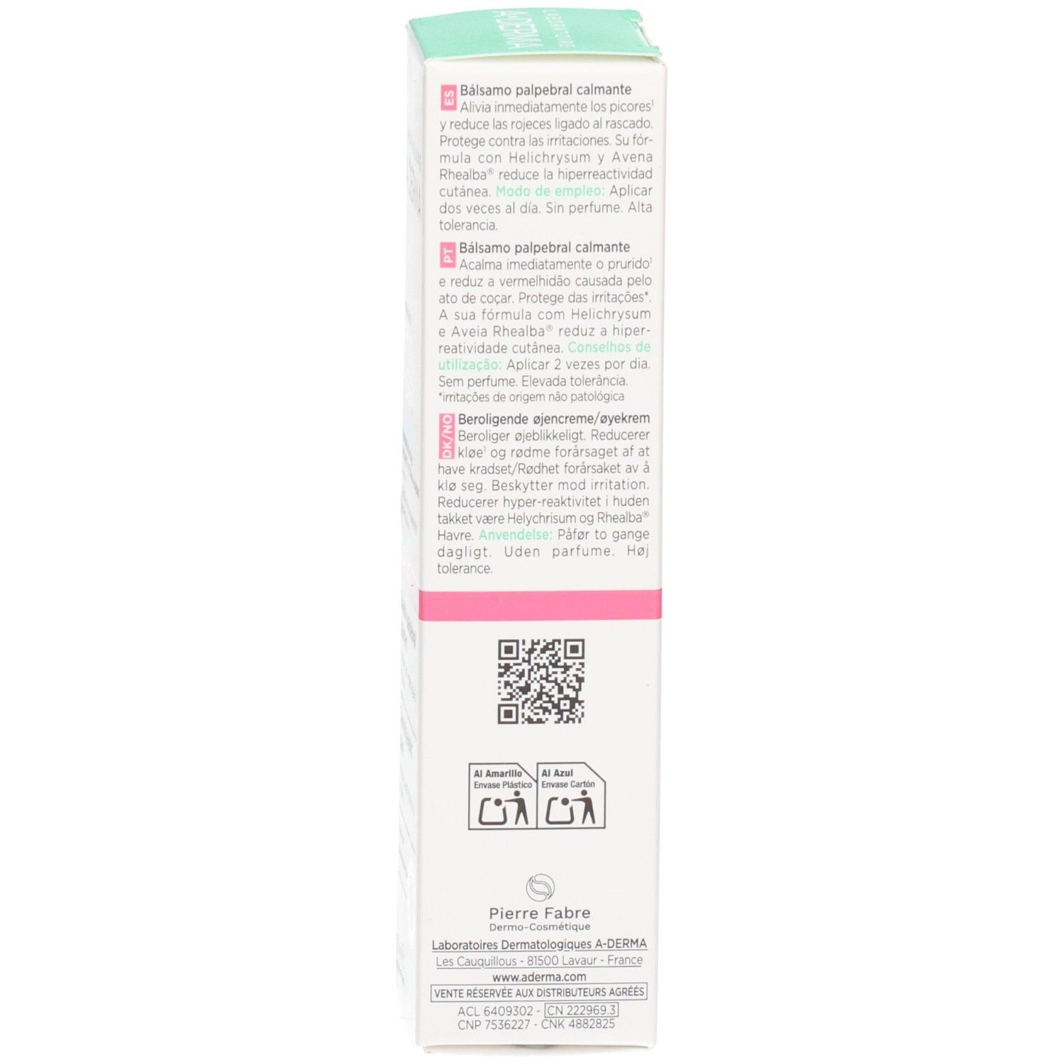 Côté de l'emballage A-Derma Exomega Control avec instructions et ingrédients.