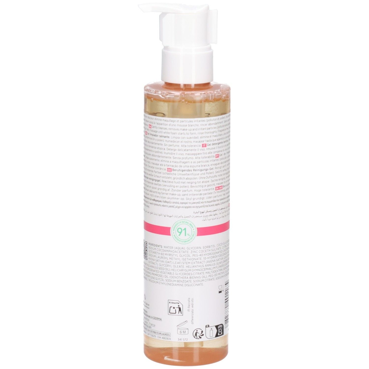 Dos du gel nettoyant A-Derma Exomega avec sceaux et informations.
