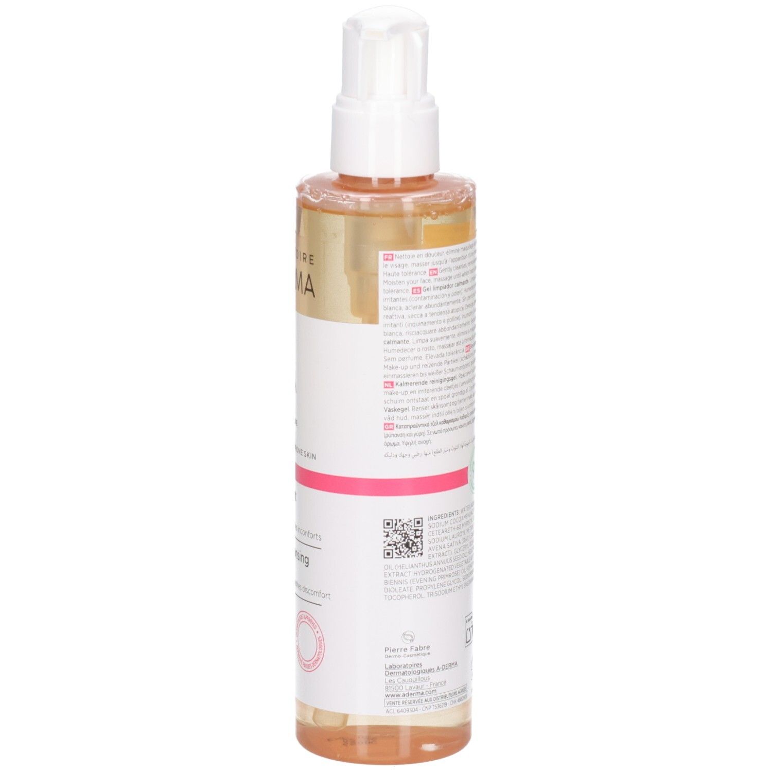 Côté du gel nettoyant A-Derma Exomega avec texte et code QR.
