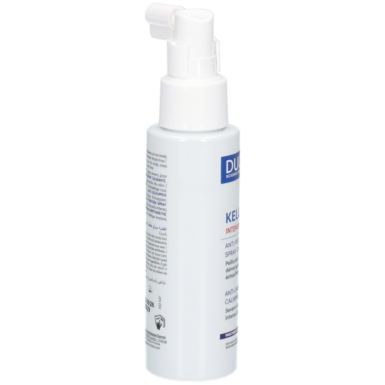 Ducray Kelual DS Spray Intensif : vue latérale du flacon blanc avec applicateur.