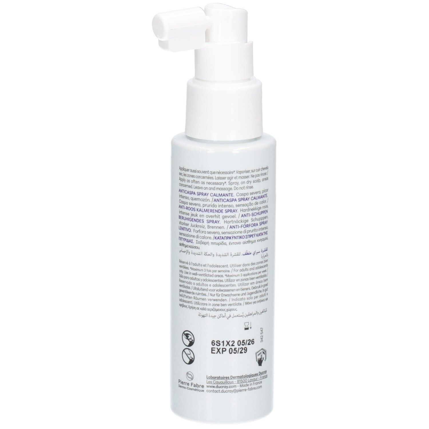 Ducray Kelual DS Spray Intensif : arrière du flacon blanc avec instructions.