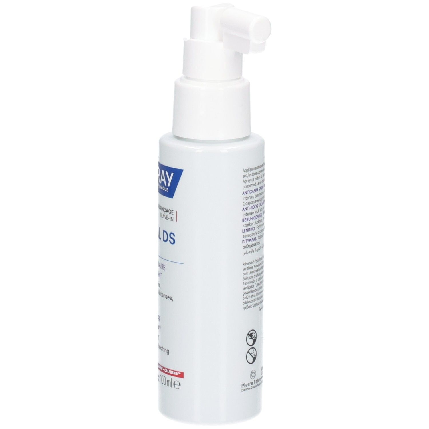 Ducray Kelual DS Spray Intensif : vue latérale du flacon blanc avec applicateur.