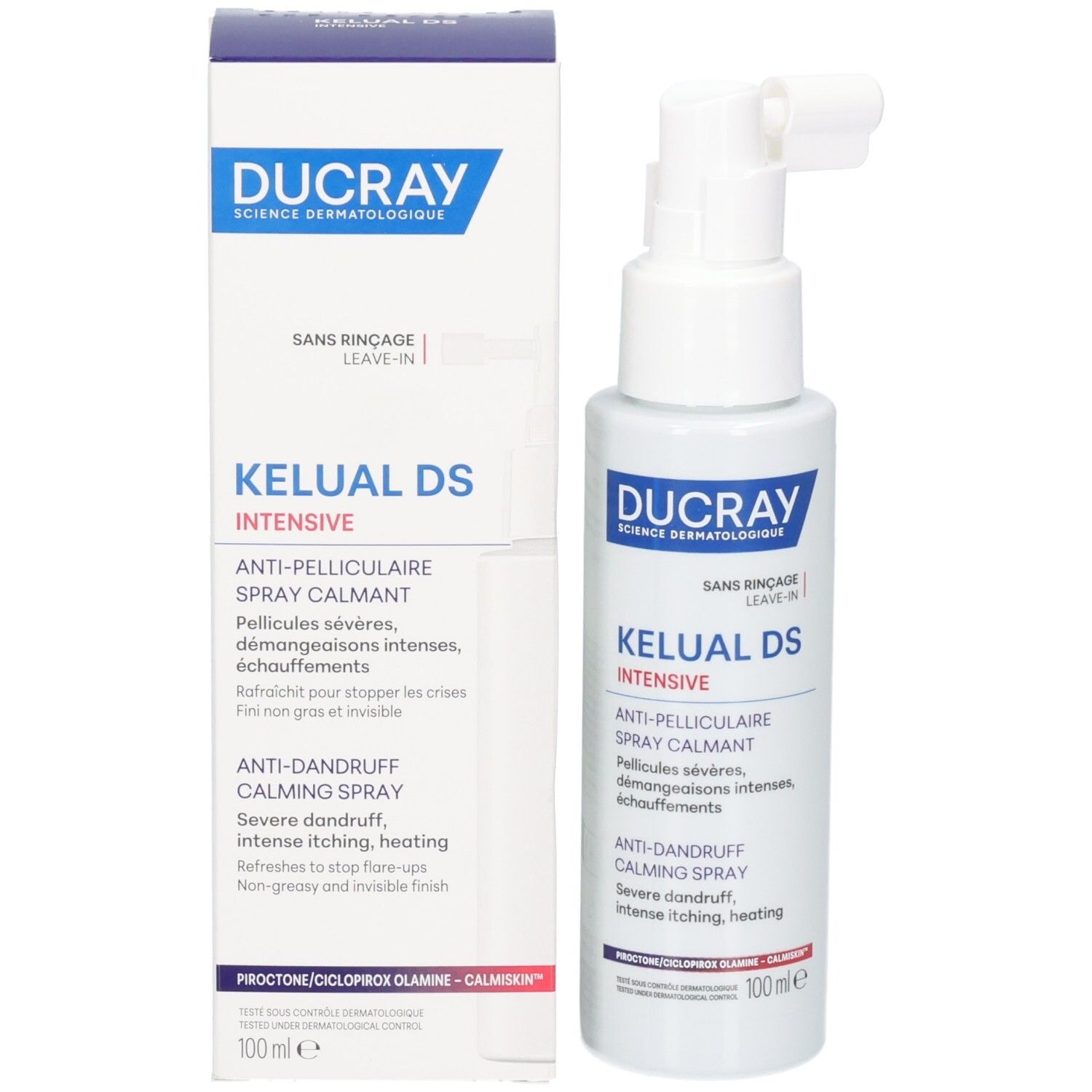 Ducray Kelual DS Spray Intensif : flacon et boîte, 100ml.