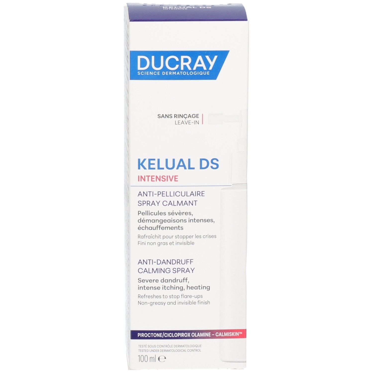 Ducray Kelual DS Spray Intensif : boîte avec informations produit, 100ml.