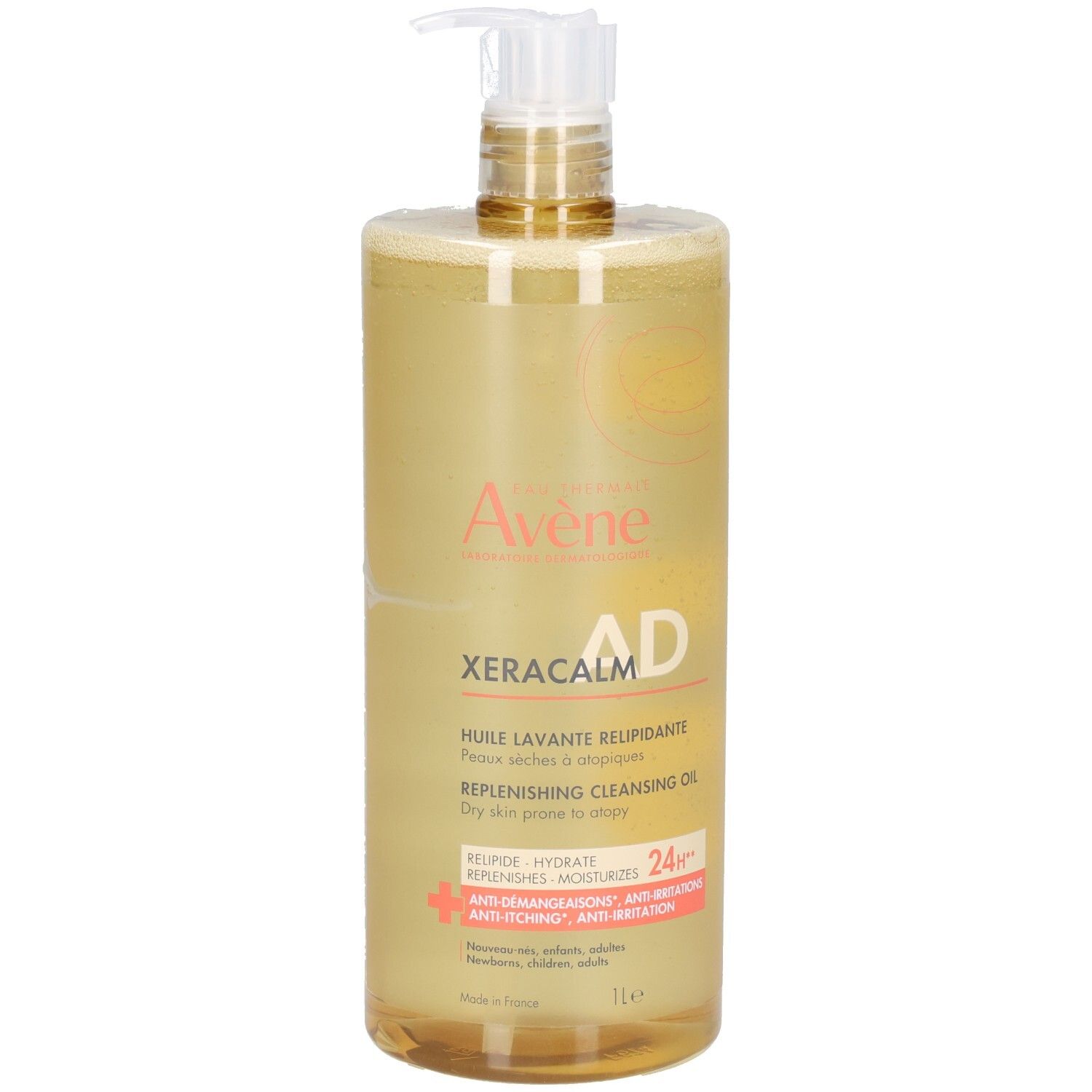 Flacon transparent avec pompe. Inscriptions: Avene, XeraCalm AD, Huile Lavante Relipidante. 1L. Contient des informations sur les ingrédients.