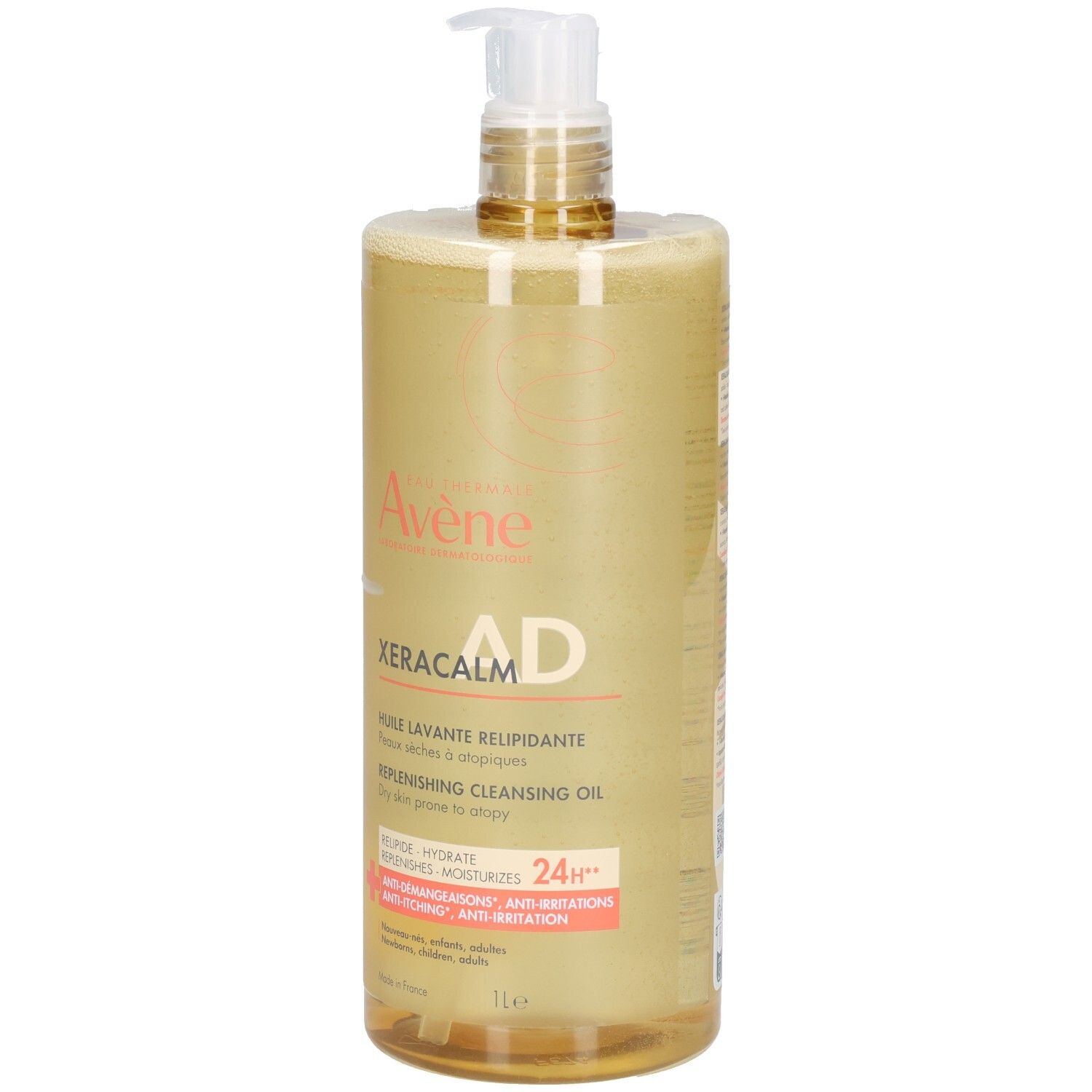 Flacon transparent avec pompe. Inscriptions: Avene, XeraCalm AD, Huile Lavante Relipidante. 1L. Contient des informations sur les ingrédients.