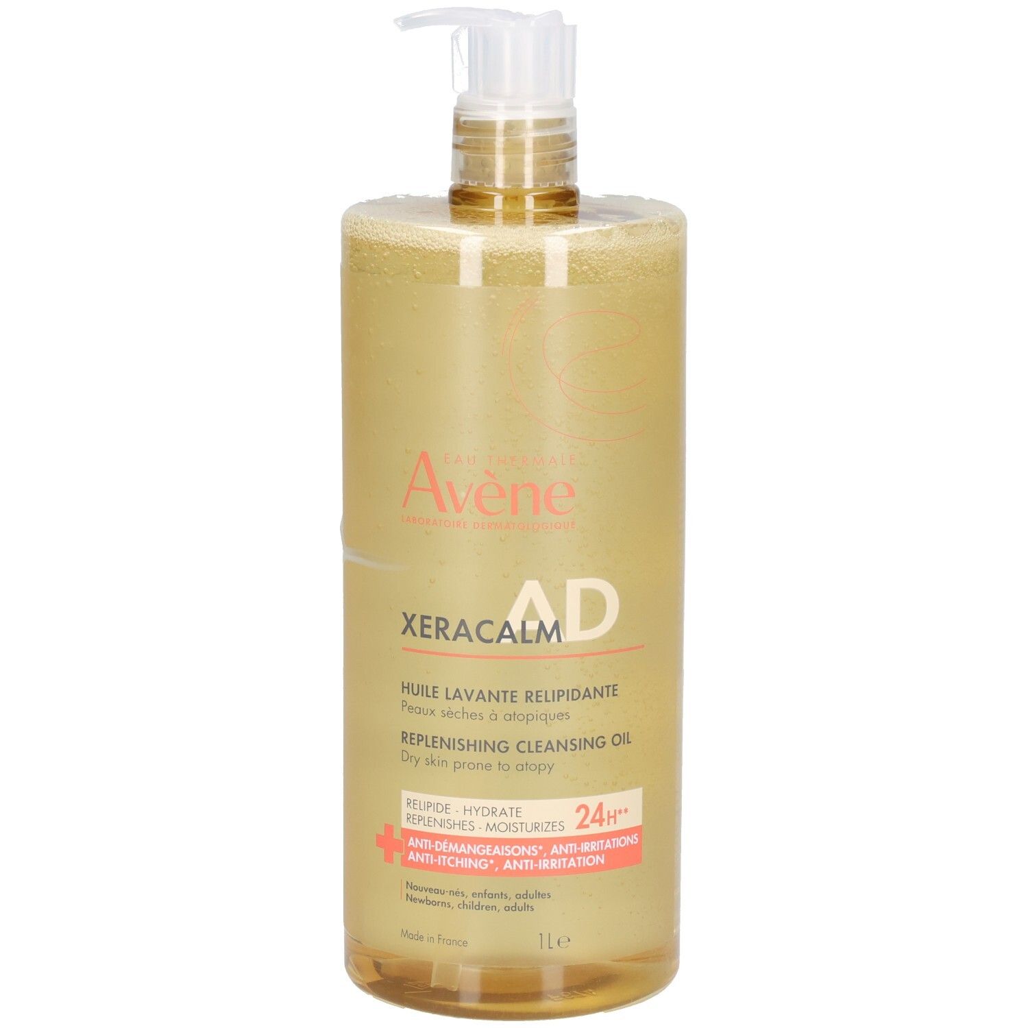 Flacon transparent avec pompe. Inscriptions: Avene, XeraCalm AD, Huile Lavante Relipidante. 1L. Contient des informations sur les ingrédients.
