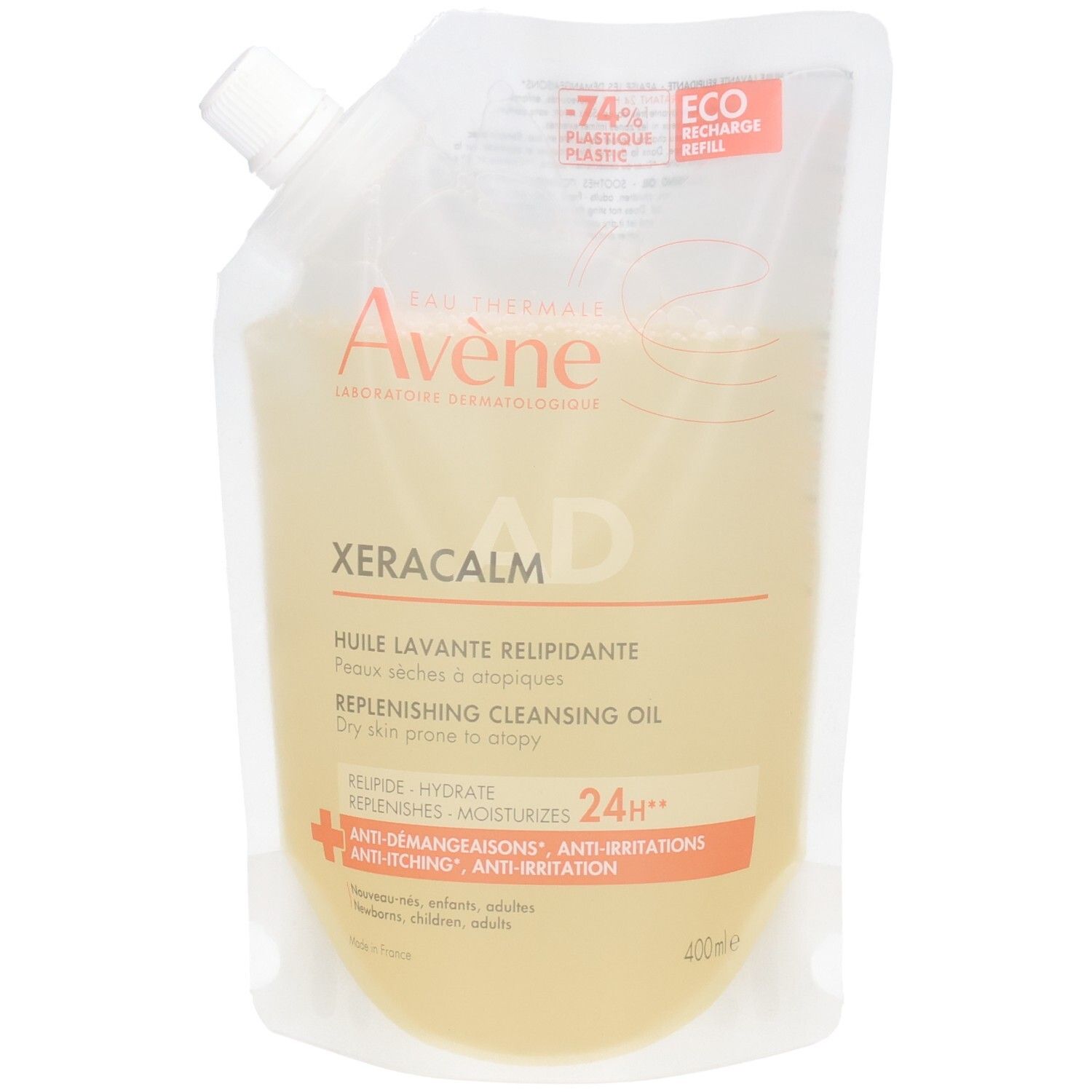 Avène Xeracalm AD recharge de 400ml d'huile lavante relipidante pour peaux sèches à tendance atopique.