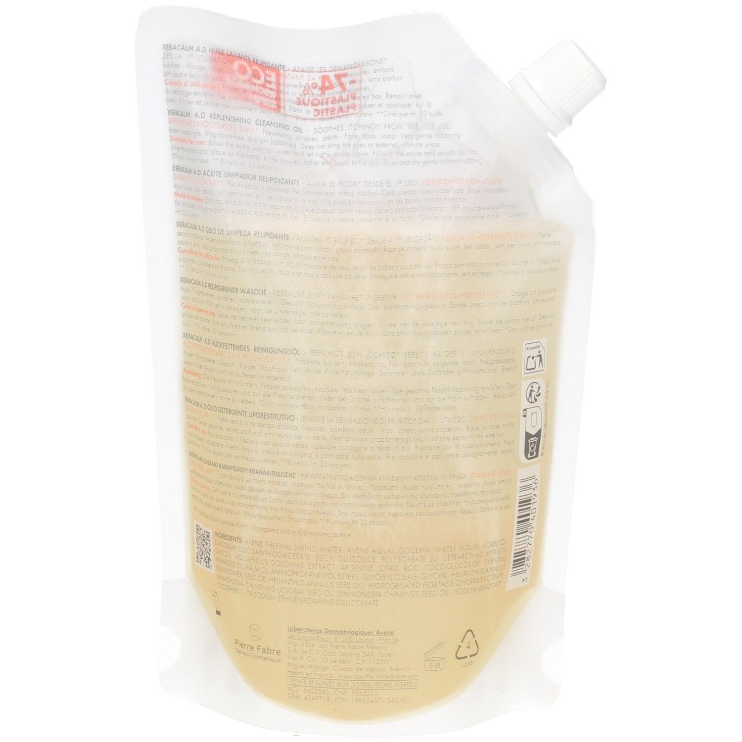 Arrière d'une recharge Avène Xeracalm AD de 400ml d'huile lavante relipidante. Contient des instructions d'utilisation.