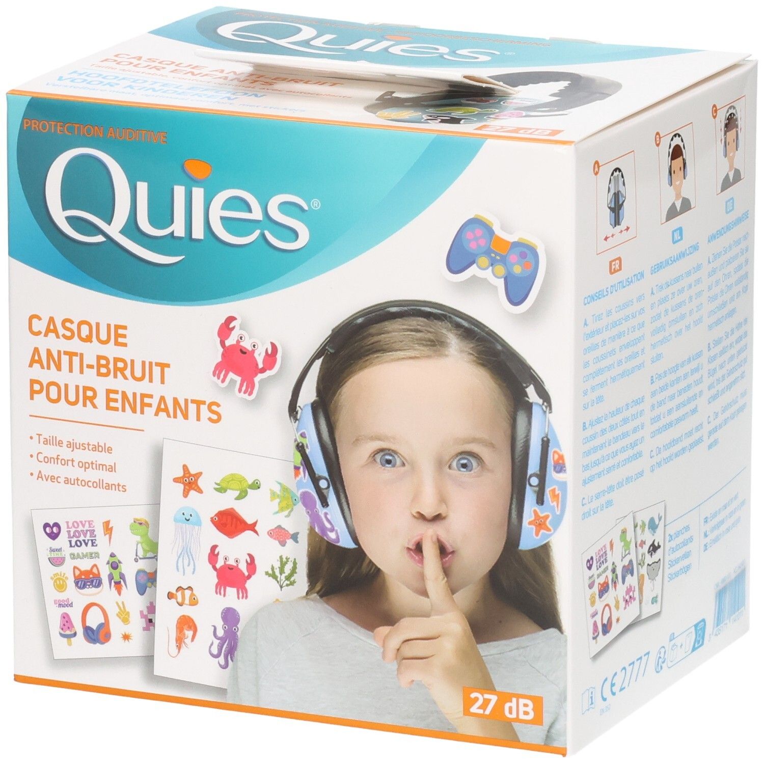Casque anti-bruit QUIES pour enfants avec autocollants. Bleu à étoiles. Protection 27 dB.