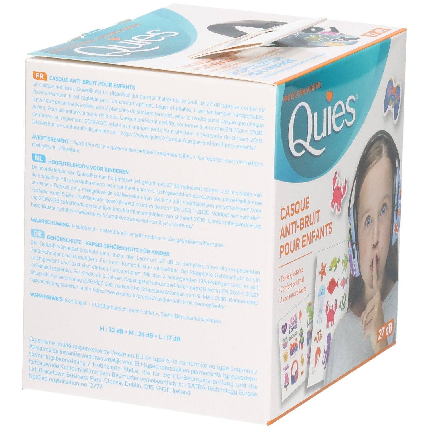 Arrière de l'emballage du casque anti-bruit QUIES pour enfants, avec instructions et certifications.