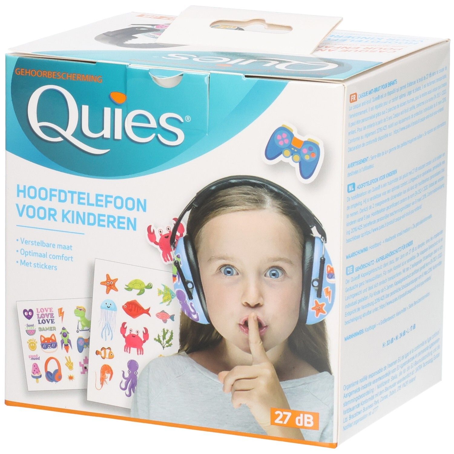 Casque anti-bruit QUIES pour enfants avec autocollants. Bleu à étoiles. Protection 27 dB.