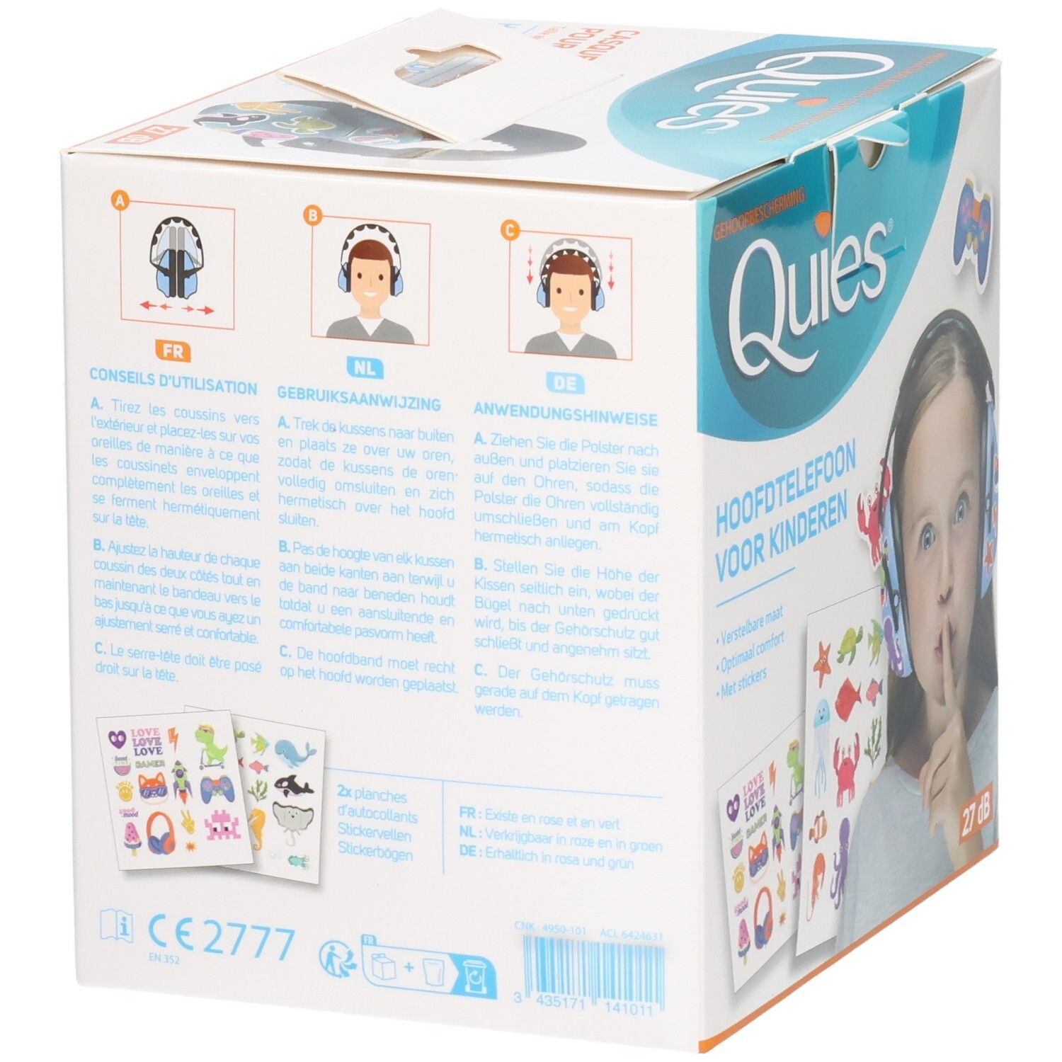 Côté de l'emballage du casque anti-bruit QUIES pour enfants, avec instructions et certifications.