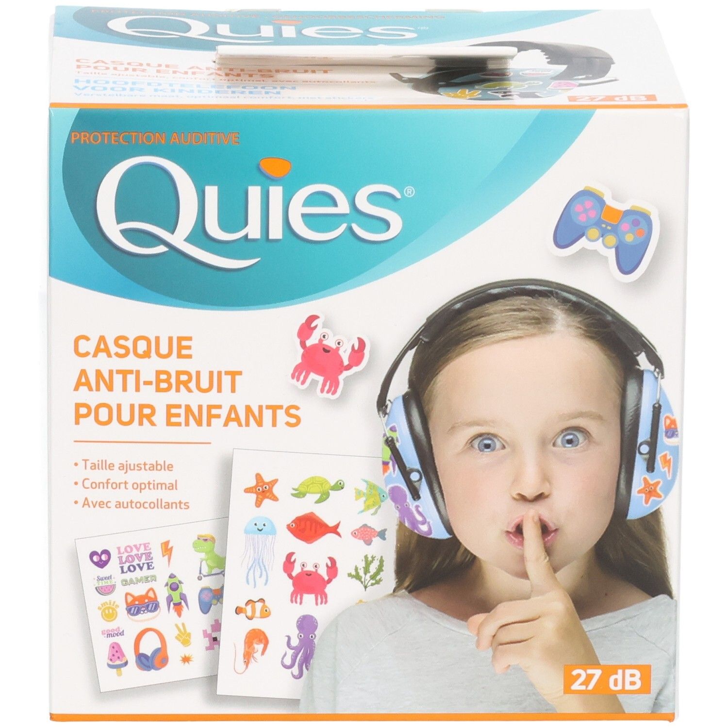 Casque anti-bruit QUIES pour enfants avec autocollants. Bleu à étoiles. Protection 27 dB.