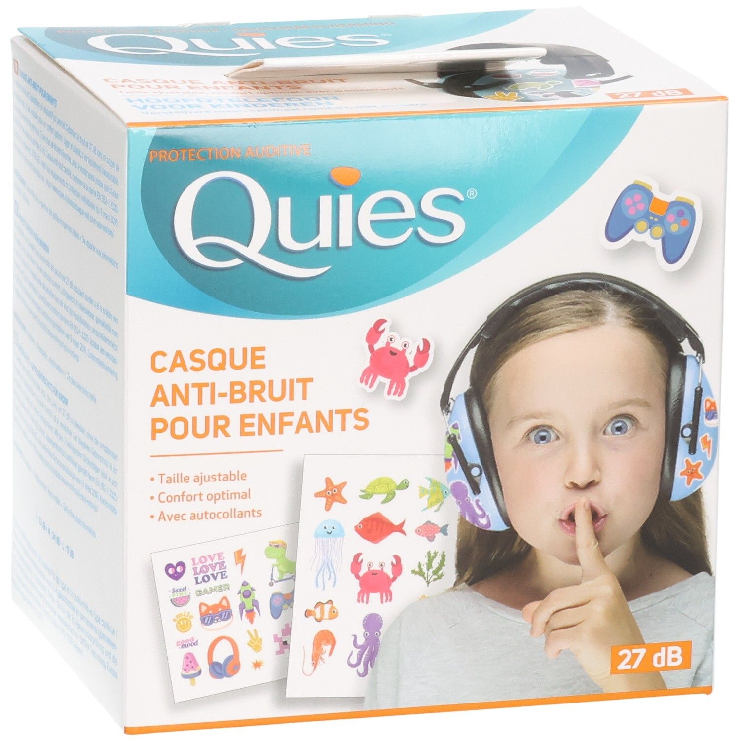 Casque anti-bruit QUIES pour enfants avec autocollants. Bleu à étoiles. Protection 27 dB.
